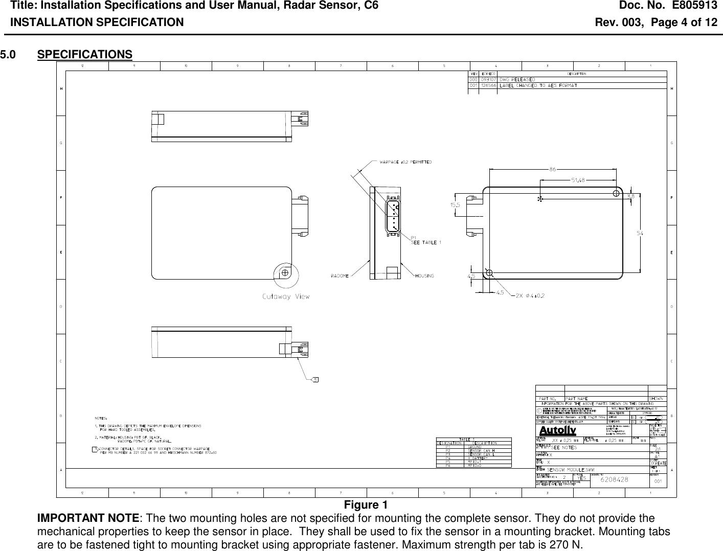 Title: Installation Specifications and User Manual, Radar Sensor, C6  Doc. No.  E805913 INSTALLATION SPECIFICATION  Rev. 003,  Page 4 of 12   5.0  SPECIFICATIONS  Figure 1 IMPORTANT NOTE: The two mounting holes are not specified for mounting the complete sensor. They do not provide the mechanical properties to keep the sensor in place.  They shall be used to fix the sensor in a mounting bracket. Mounting tabs are to be fastened tight to mounting bracket using appropriate fastener. Maximum strength per tab is 270 N.  