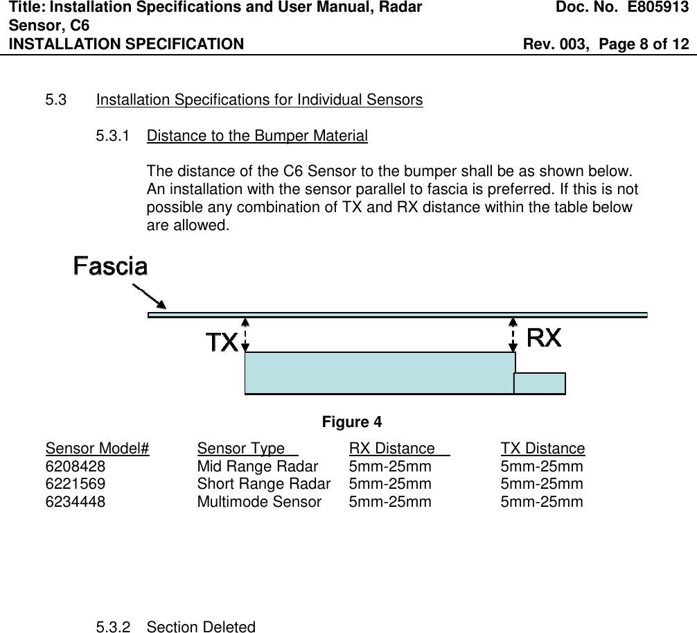 Title: Installation Specifications and User Manual, Radar Sensor, C6  Doc. No.  E805913 INSTALLATION SPECIFICATION  Rev. 003,  Page 8 of 12    5.3  Installation Specifications for Individual Sensors  5.3.1  Distance to the Bumper Material  The distance of the C6 Sensor to the bumper shall be as shown below. An installation with the sensor parallel to fascia is preferred. If this is not possible any combination of TX and RX distance within the table below are allowed.  Figure 4   Sensor Model#  Sensor Type    RX Distance    TX Distance   6208428    Mid Range Radar  5mm-25mm    5mm-25mm   6221569    Short Range Radar  5mm-25mm    5mm-25mm   6234448    Multimode Sensor  5mm-25mm    5mm-25mm           5.3.2  Section Deleted                     