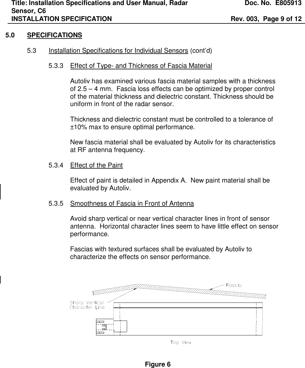 Title: Installation Specifications and User Manual, Radar Sensor, C6  Doc. No.  E805913 INSTALLATION SPECIFICATION  Rev. 003,  Page 9 of 12   5.0  SPECIFICATIONS  5.3  Installation Specifications for Individual Sensors (cont’d)  5.3.3  Effect of Type- and Thickness of Fascia Material  Autoliv has examined various fascia material samples with a thickness of 2.5 – 4 mm.  Fascia loss effects can be optimized by proper control of the material thickness and dielectric constant. Thickness should be uniform in front of the radar sensor.  Thickness and dielectric constant must be controlled to a tolerance of ±10% max to ensure optimal performance.  New fascia material shall be evaluated by Autoliv for its characteristics at RF antenna frequency.  5.3.4  Effect of the Paint  Effect of paint is detailed in Appendix A.  New paint material shall be evaluated by Autoliv.  5.3.5  Smoothness of Fascia in Front of Antenna  Avoid sharp vertical or near vertical character lines in front of sensor antenna.  Horizontal character lines seem to have little effect on sensor performance.  Fascias with textured surfaces shall be evaluated by Autoliv to characterize the effects on sensor performance.       Figure 6 