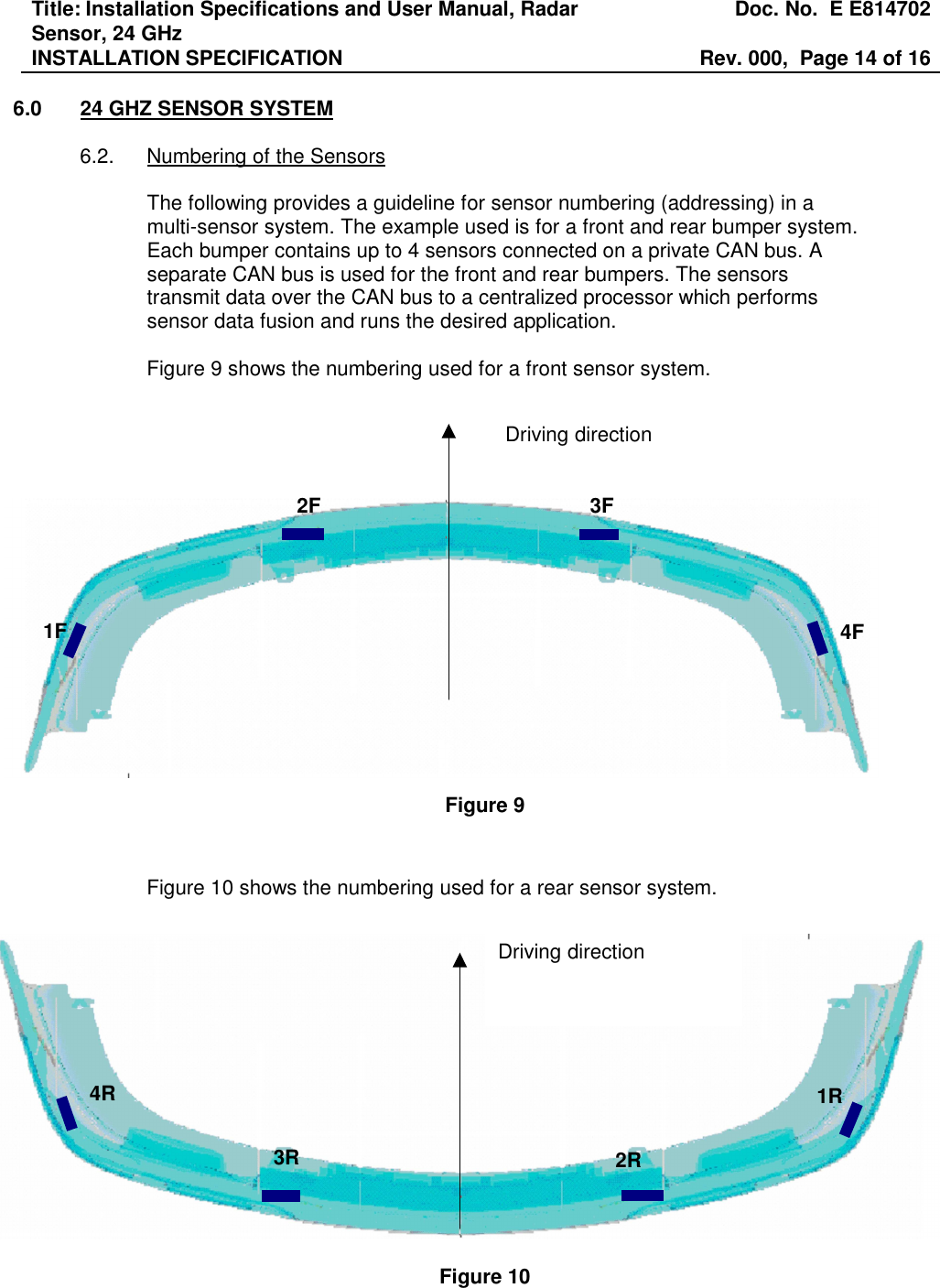 Title: Installation Specifications and User Manual, Radar Sensor, 24 GHz  Doc. No.  E E814702 INSTALLATION SPECIFICATION  Rev. 000,  Page 14 of 16   6.0  24 GHZ SENSOR SYSTEM  6.2.  Numbering of the Sensors  The following provides a guideline for sensor numbering (addressing) in a multi-sensor system. The example used is for a front and rear bumper system. Each bumper contains up to 4 sensors connected on a private CAN bus. A separate CAN bus is used for the front and rear bumpers. The sensors transmit data over the CAN bus to a centralized processor which performs sensor data fusion and runs the desired application.  Figure 9 shows the numbering used for a front sensor system.                  Figure 9   Figure 10 shows the numbering used for a rear sensor system.                Figure 10 1F 2F 3F 4F Driving direction 1R2R 3R 4R Driving direction 