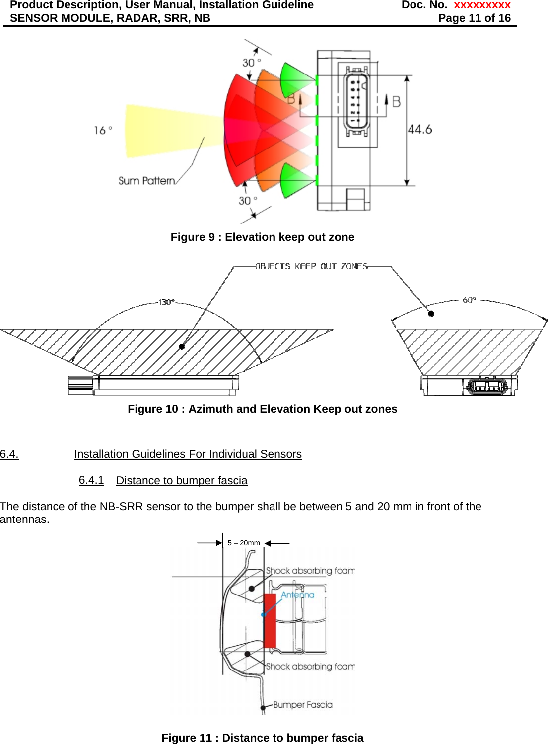 Product Description, User Manual, Installation Guideline  Doc. No.  xxxxxxxxxSENSOR MODULE, RADAR, SRR, NB  Page 11 of 16  Figure 9 : Elevation keep out zone   Figure 10 : Azimuth and Elevation Keep out zones   6.4.  Installation Guidelines For Individual Sensors  6.4.1  Distance to bumper fascia  The distance of the NB-SRR sensor to the bumper shall be between 5 and 20 mm in front of the antennas.  Figure 11 : Distance to bumper fascia 5 – 20mm