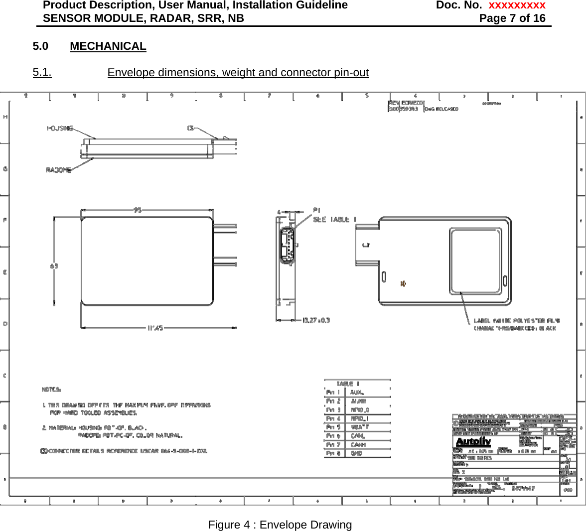 Product Description, User Manual, Installation Guideline  Doc. No.  xxxxxxxxxSENSOR MODULE, RADAR, SRR, NB  Page 7 of 16 5.0 MECHANICAL   5.1.  Envelope dimensions, weight and connector pin-out     Figure 4 : Envelope Drawing