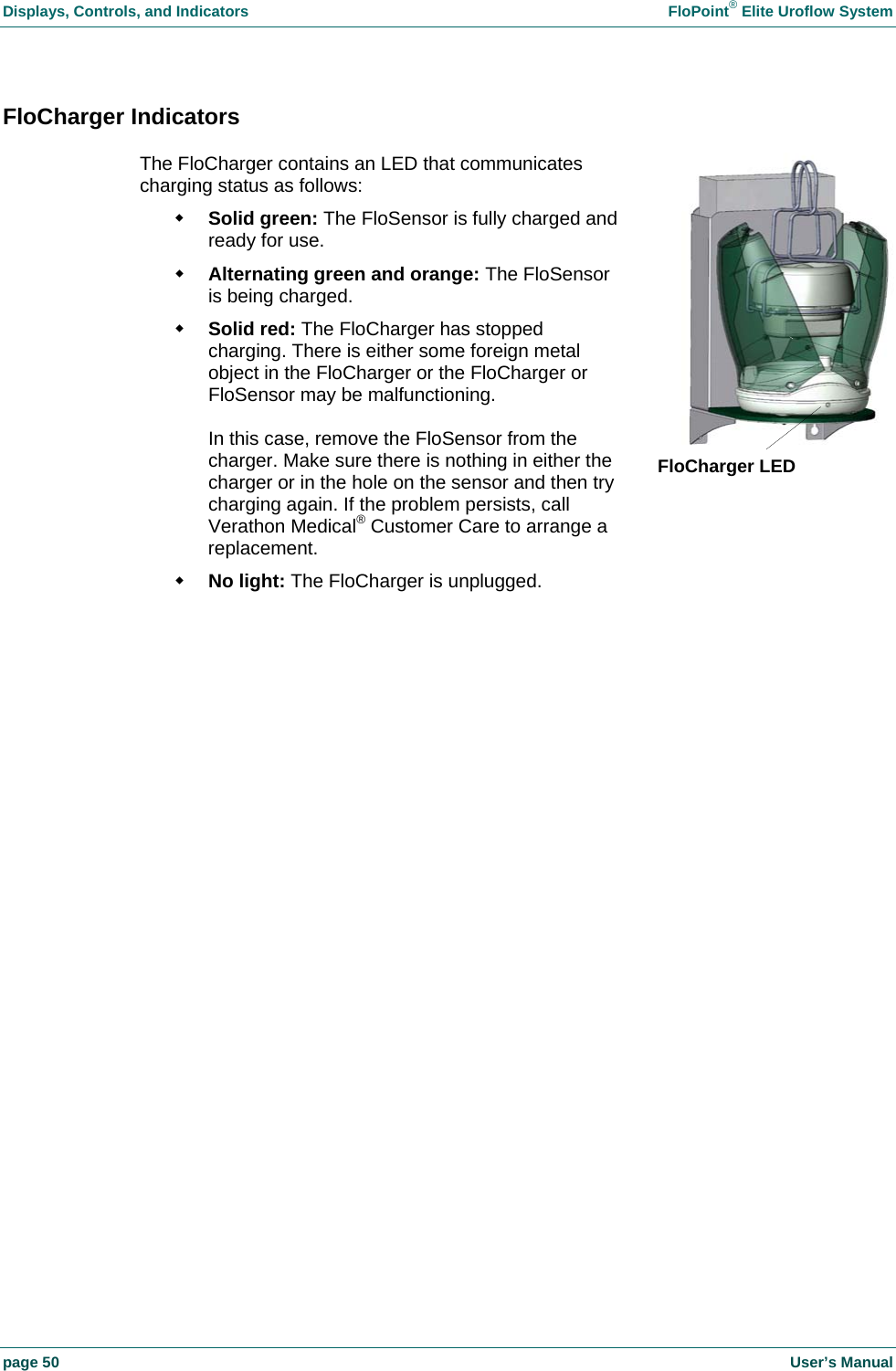 Displays, Controls, and Indicators    FloPoint&reg; Elite Uroflow System page 50    User&rsquo;s Manual FloCharger Indicators The FloCharger contains an LED that communicates charging status as follows:  Solid green: The FloSensor is fully charged and ready for use.  Alternating green and orange: The FloSensor is being charged.  Solid red: The FloCharger has stopped charging. There is either some foreign metal object in the FloCharger or the FloCharger or FloSensor may be malfunctioning.  In this case, remove the FloSensor from the charger. Make sure there is nothing in either the charger or in the hole on the sensor and then try charging again. If the problem persists, call Verathon Medical&reg; Customer Care to arrange a replacement.  No light: The FloCharger is unplugged.   FloCharger LED  