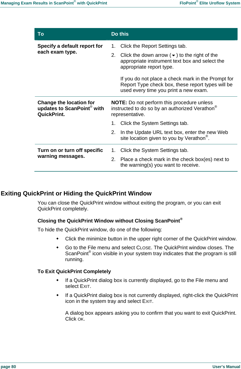 Managing Exam Results in ScanPoint&reg; with QuickPrint    FloPoint&reg; Elite Uroflow System page 80    User&rsquo;s Manual To  Do this Specify a default report for each exam type.  1.  Click the Report Settings tab.  2.  Click the down arrow () to the right of the appropriate instrument text box and select the appropriate report type.  If you do not place a check mark in the Prompt for Report Type check box, these report types will be used every time you print a new exam.  Change the location for updates to ScanPoint&reg; with QuickPrint. NOTE: Do not perform this procedure unless instructed to do so by an authorized Verathon&reg; representative. 1.  Click the System Settings tab. 2.  In the Update URL text box, enter the new Web site location given to you by Verathon&reg;. Turn on or turn off specific warning messages.  1.  Click the System Settings tab.  2.  Place a check mark in the check box(es) next to the warning(s) you want to receive.   Exiting QuickPrint or Hiding the QuickPrint Window You can close the QuickPrint window without exiting the program, or you can exit QuickPrint completely. Closing the QuickPrint Window without Closing ScanPoint&reg; To hide the QuickPrint window, do one of the following:   Click the minimize button in the upper right corner of the QuickPrint window.   Go to the File menu and select CLOSE. The QuickPrint window closes. The ScanPoint&reg; icon visible in your system tray indicates that the program is still running. To Exit QuickPrint Completely   If a QuickPrint dialog box is currently displayed, go to the File menu and select EXIT.   If a QuickPrint dialog box is not currently displayed, right-click the QuickPrint icon in the system tray and select EXIT.  A dialog box appears asking you to confirm that you want to exit QuickPrint. Click OK.   