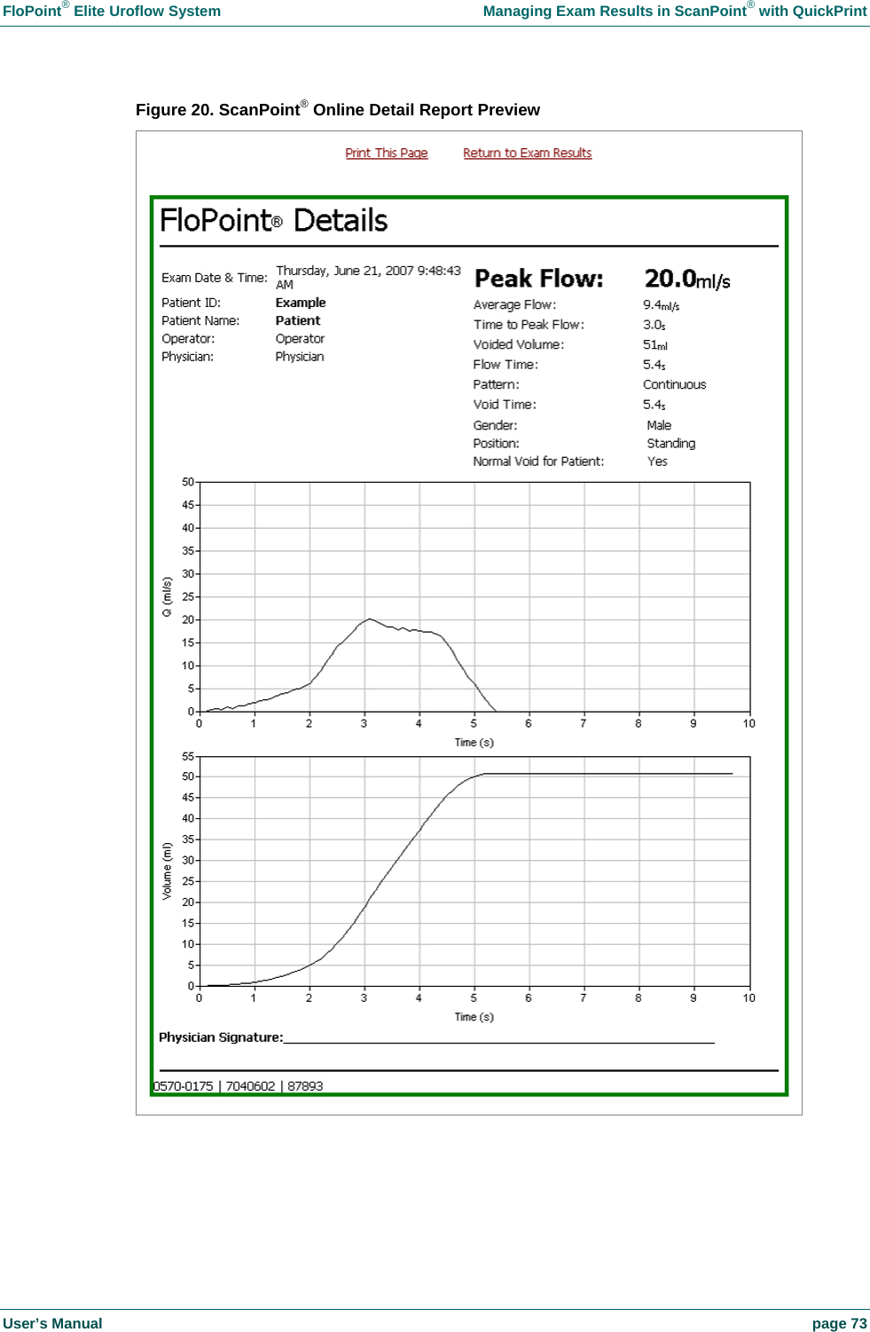 FloPoint&reg; Elite Uroflow System    Managing Exam Results in ScanPoint&reg; with QuickPrint User&rsquo;s Manual    page 73 Figure 20. ScanPoint&reg; Online Detail Report Preview    