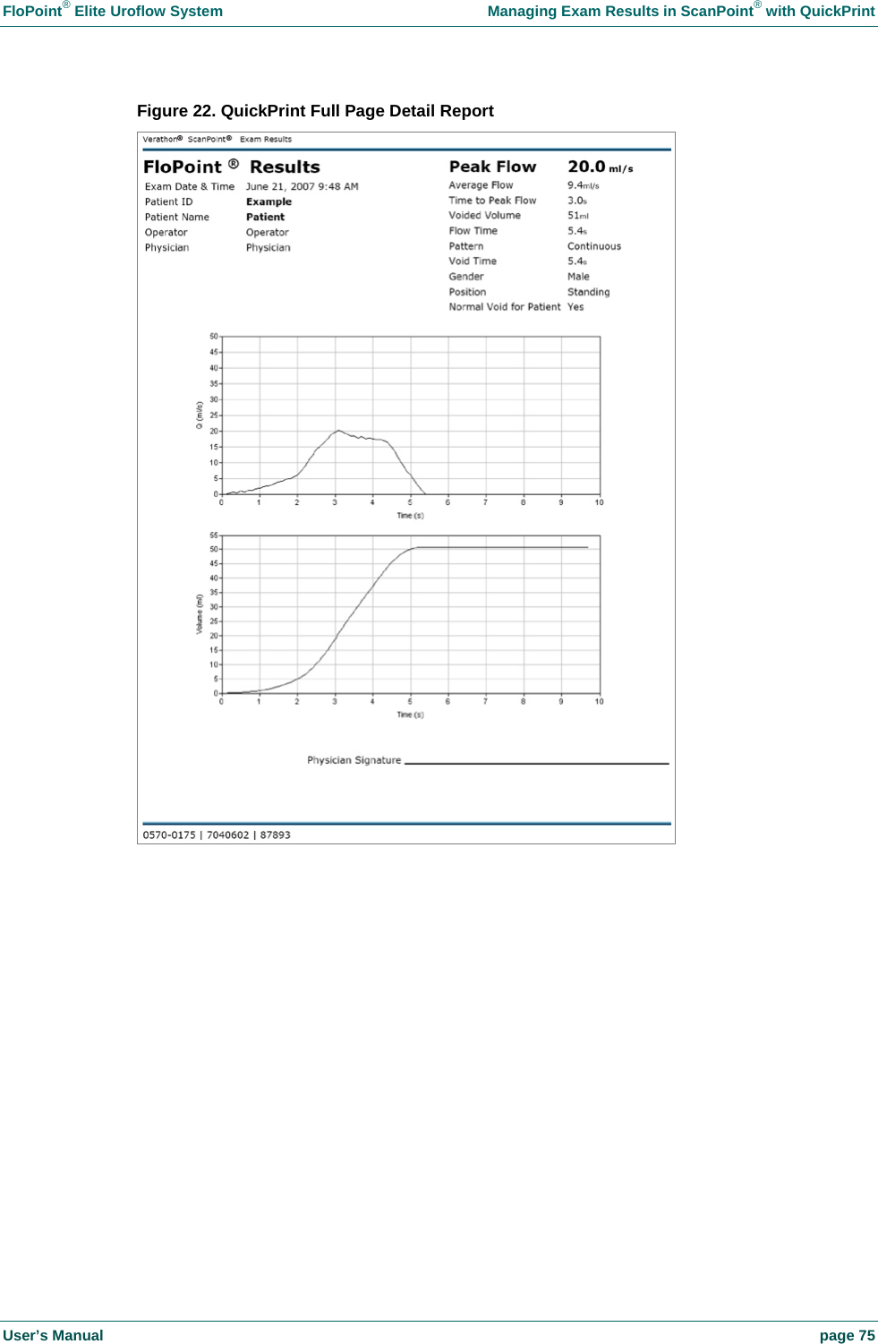 FloPoint&reg; Elite Uroflow System    Managing Exam Results in ScanPoint&reg; with QuickPrint User&rsquo;s Manual    page 75 Figure 22. QuickPrint Full Page Detail Report   