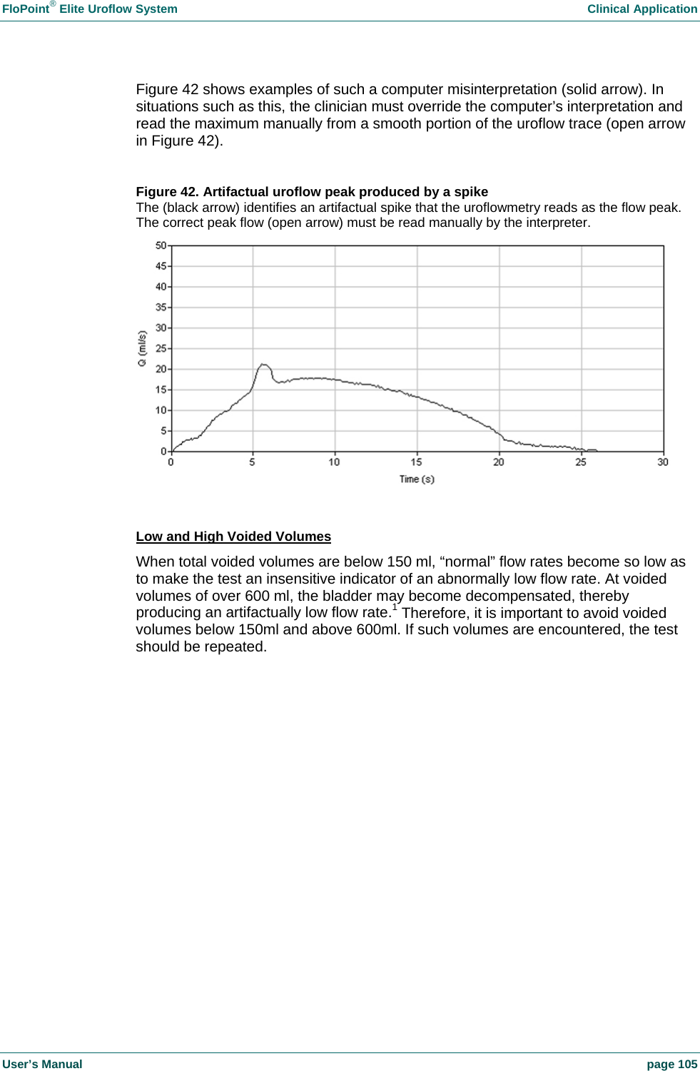 FloPoint&reg; Elite Uroflow System    Clinical Application User&rsquo;s Manual    page 105 Figure 42 shows examples of such a computer misinterpretation (solid arrow). In situations such as this, the clinician must override the computer&rsquo;s interpretation and read the maximum manually from a smooth portion of the uroflow trace (open arrow in Figure 42).   Figure 42. Artifactual uroflow peak produced by a spike The (black arrow) identifies an artifactual spike that the uroflowmetry reads as the flow peak. The correct peak flow (open arrow) must be read manually by the interpreter.   Low and High Voided Volumes  When total voided volumes are below 150 ml, &ldquo;normal&rdquo; flow rates become so low as to make the test an insensitive indicator of an abnormally low flow rate. At voided volumes of over 600 ml, the bladder may become decompensated, thereby producing an artifactually low flow rate.1 Therefore, it is important to avoid voided volumes below 150ml and above 600ml. If such volumes are encountered, the test should be repeated.  