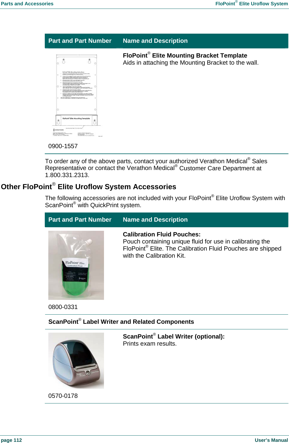 Parts and Accessories    FloPoint&reg; Elite Uroflow System page 112    User&rsquo;s Manual Part and Part Number  Name and Description  0900-1557 FloPoint&reg; Elite Mounting Bracket Template Aids in attaching the Mounting Bracket to the wall. To order any of the above parts, contact your authorized Verathon Medical&reg; Sales Representative or contact the Verathon Medical&reg; Customer Care Department at 1.800.331.2313. Other FloPoint&reg; Elite Uroflow System Accessories The following accessories are not included with your FloPoint&reg; Elite Uroflow System with ScanPoint&reg; with QuickPrint system. Part and Part Number  Name and Description  0800-0331 Calibration Fluid Pouches: Pouch containing unique fluid for use in calibrating the FloPoint&reg; Elite. The Calibration Fluid Pouches are shipped with the Calibration Kit. ScanPoint&reg; Label Writer and Related Components  0570-0178 ScanPoint&reg; Label Writer (optional): Prints exam results. 