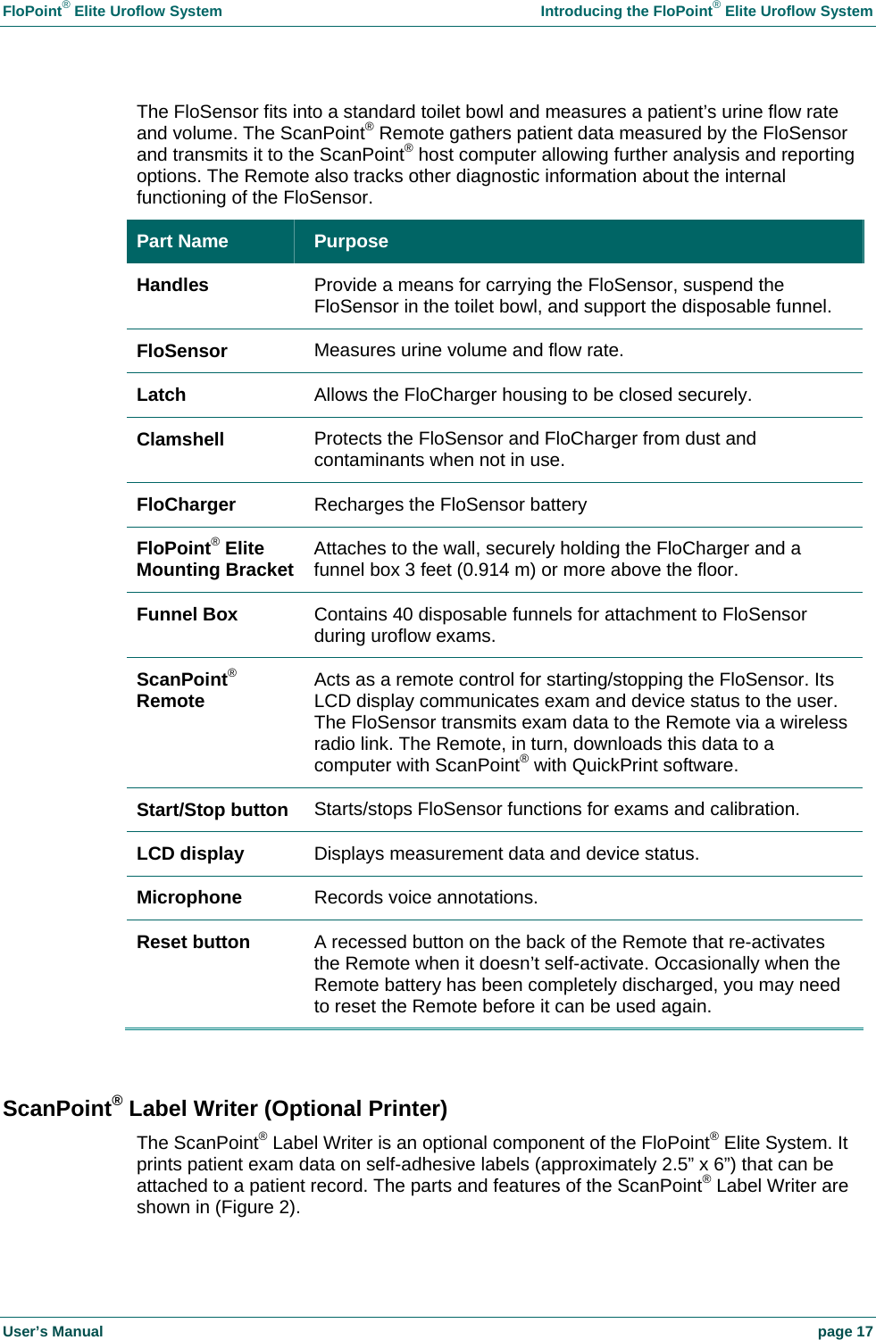 FloPoint&reg; Elite Uroflow System    Introducing the FloPoint&reg; Elite Uroflow System User&rsquo;s Manual    page 17 The FloSensor fits into a standard toilet bowl and measures a patient&rsquo;s urine flow rate and volume. The ScanPoint&reg; Remote gathers patient data measured by the FloSensor and transmits it to the ScanPoint&reg; host computer allowing further analysis and reporting options. The Remote also tracks other diagnostic information about the internal functioning of the FloSensor. Part Name  Purpose Handles  Provide a means for carrying the FloSensor, suspend the FloSensor in the toilet bowl, and support the disposable funnel.  FloSensor  Measures urine volume and flow rate. Latch  Allows the FloCharger housing to be closed securely. Clamshell  Protects the FloSensor and FloCharger from dust and contaminants when not in use. FloCharger  Recharges the FloSensor battery FloPoint&reg; Elite Mounting Bracket  Attaches to the wall, securely holding the FloCharger and a funnel box 3 feet (0.914 m) or more above the floor. Funnel Box  Contains 40 disposable funnels for attachment to FloSensor during uroflow exams. ScanPoint&reg; Remote  Acts as a remote control for starting/stopping the FloSensor. Its LCD display communicates exam and device status to the user. The FloSensor transmits exam data to the Remote via a wireless radio link. The Remote, in turn, downloads this data to a computer with ScanPoint&reg; with QuickPrint software. Start/Stop button  Starts/stops FloSensor functions for exams and calibration. LCD display  Displays measurement data and device status. Microphone  Records voice annotations. Reset button  A recessed button on the back of the Remote that re-activates the Remote when it doesn&rsquo;t self-activate. Occasionally when the Remote battery has been completely discharged, you may need to reset the Remote before it can be used again.  ScanPoint&reg; Label Writer (Optional Printer) The ScanPoint&reg; Label Writer is an optional component of the FloPoint&reg; Elite System. It prints patient exam data on self-adhesive labels (approximately 2.5&rdquo; x 6&rdquo;) that can be attached to a patient record. The parts and features of the ScanPoint&reg; Label Writer are shown in (Figure 2). 