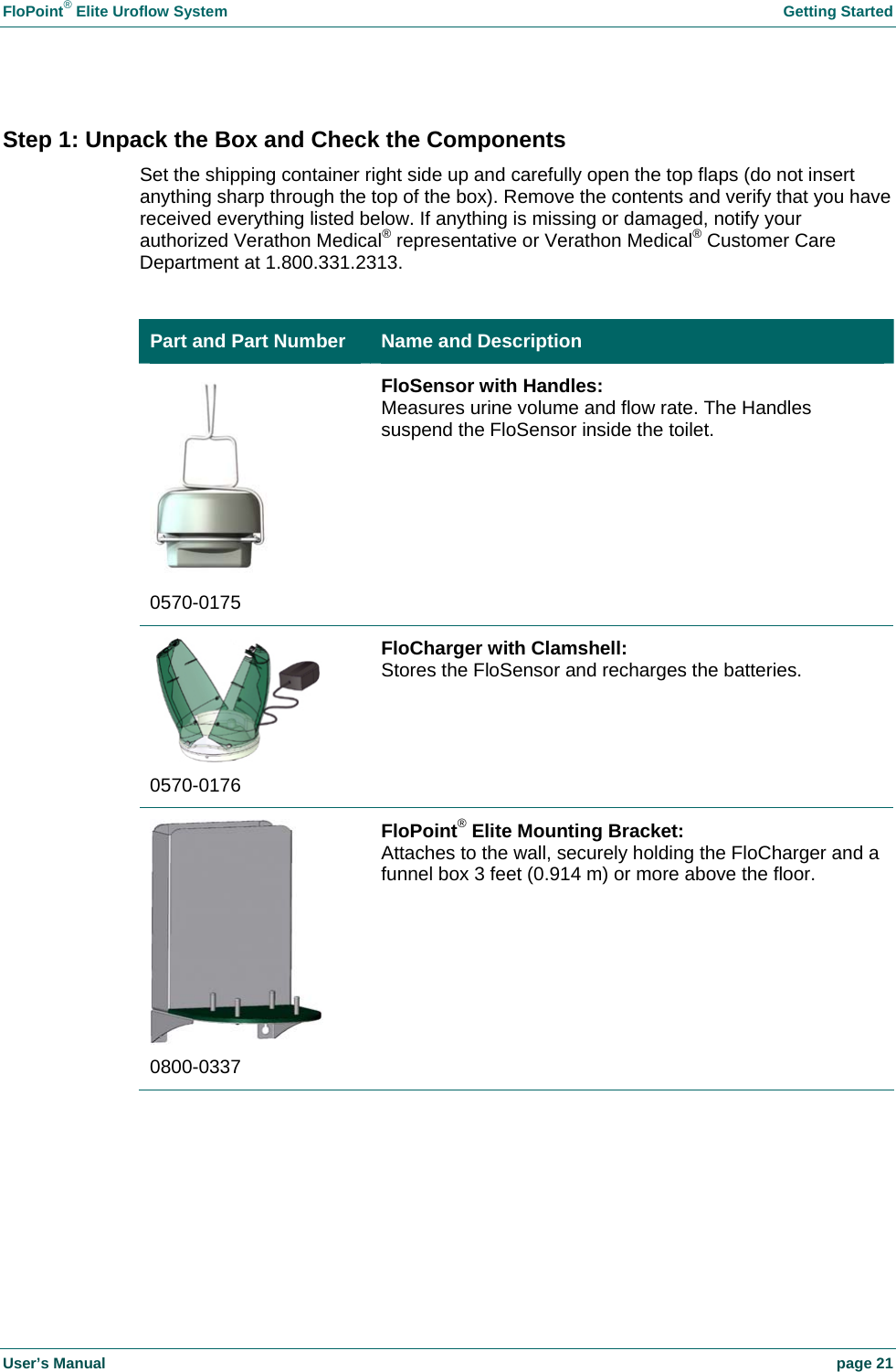 FloPoint&reg; Elite Uroflow System    Getting Started User&rsquo;s Manual    page 21 Step 1: Unpack the Box and Check the Components Set the shipping container right side up and carefully open the top flaps (do not insert anything sharp through the top of the box). Remove the contents and verify that you have received everything listed below. If anything is missing or damaged, notify your authorized Verathon Medical&reg; representative or Verathon Medical&reg; Customer Care Department at 1.800.331.2313.  Part and Part Number  Name and Description  0570-0175 FloSensor with Handles: Measures urine volume and flow rate. The Handles suspend the FloSensor inside the toilet.  0570-0176 FloCharger with Clamshell: Stores the FloSensor and recharges the batteries.  0800-0337 FloPoint&reg; Elite Mounting Bracket: Attaches to the wall, securely holding the FloCharger and a funnel box 3 feet (0.914 m) or more above the floor. 