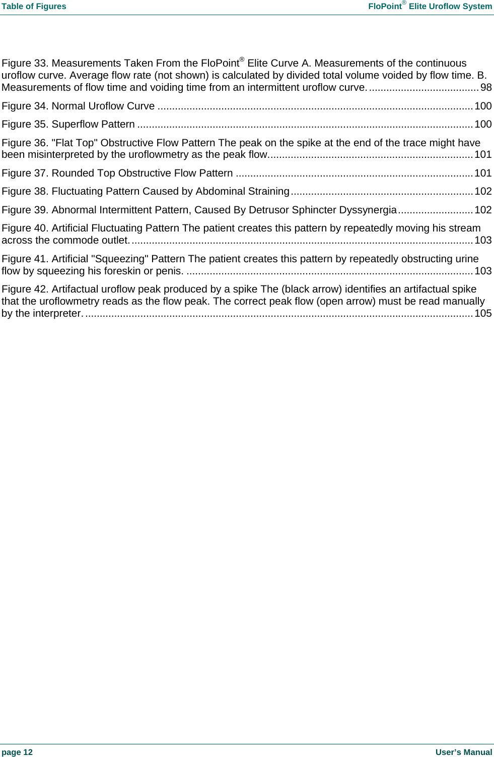 Table of Figures    FloPoint&reg; Elite Uroflow System page 12    User&rsquo;s Manual Figure 33. Measurements Taken From the FloPoint&reg; Elite Curve A. Measurements of the continuous uroflow curve. Average flow rate (not shown) is calculated by divided total volume voided by flow time. B. Measurements of flow time and voiding time from an intermittent uroflow curve.......................................98 Figure 34. Normal Uroflow Curve .............................................................................................................100 Figure 35. Superflow Pattern ....................................................................................................................100 Figure 36. "Flat Top" Obstructive Flow Pattern The peak on the spike at the end of the trace might have been misinterpreted by the uroflowmetry as the peak flow.......................................................................101 Figure 37. Rounded Top Obstructive Flow Pattern ..................................................................................101 Figure 38. Fluctuating Pattern Caused by Abdominal Straining...............................................................102 Figure 39. Abnormal Intermittent Pattern, Caused By Detrusor Sphincter Dyssynergia..........................102 Figure 40. Artificial Fluctuating Pattern The patient creates this pattern by repeatedly moving his stream across the commode outlet.......................................................................................................................103 Figure 41. Artificial "Squeezing" Pattern The patient creates this pattern by repeatedly obstructing urine flow by squeezing his foreskin or penis. ...................................................................................................103 Figure 42. Artifactual uroflow peak produced by a spike The (black arrow) identifies an artifactual spike that the uroflowmetry reads as the flow peak. The correct peak flow (open arrow) must be read manually by the interpreter.......................................................................................................................................105 