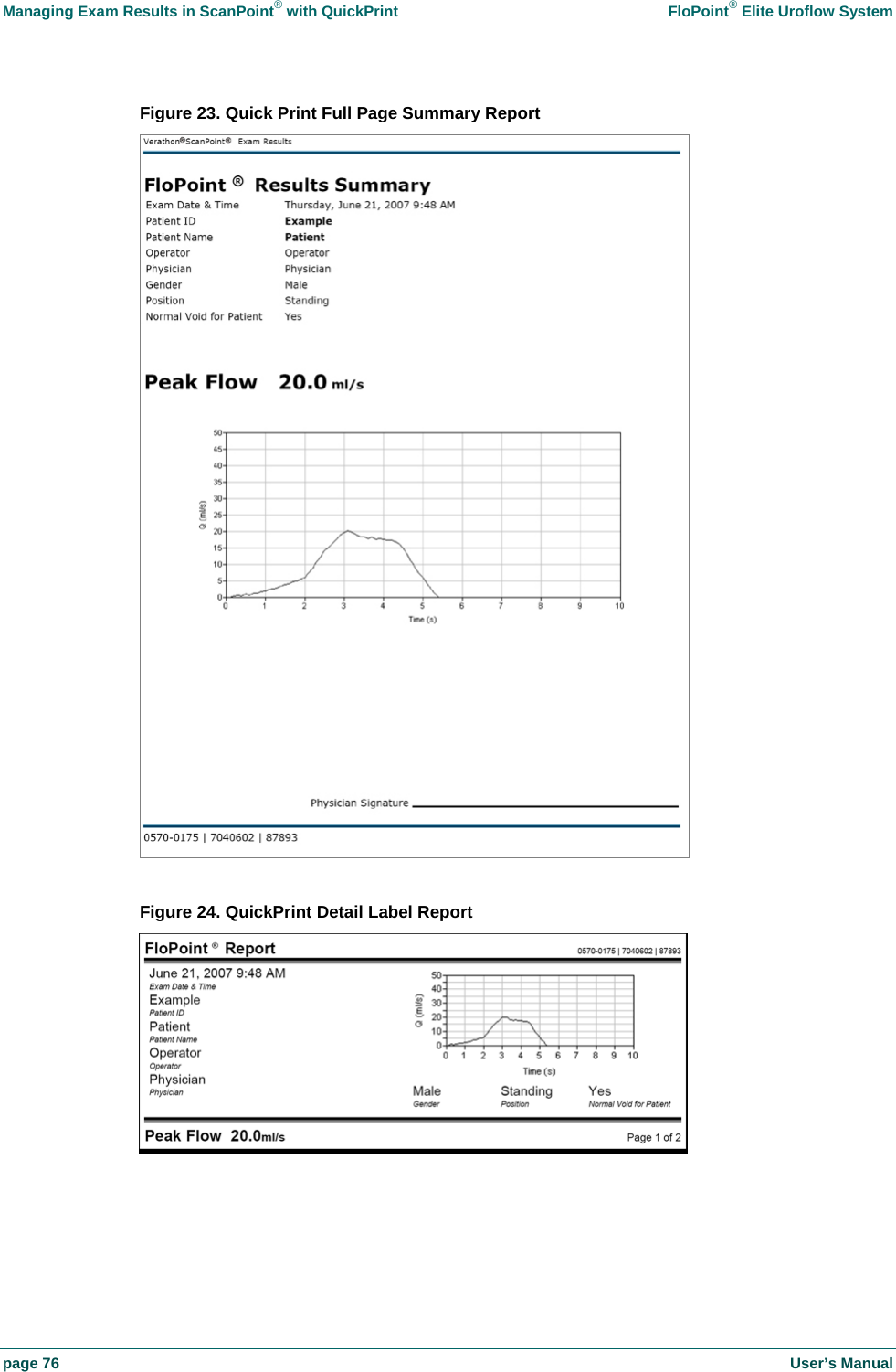 Managing Exam Results in ScanPoint&reg; with QuickPrint    FloPoint&reg; Elite Uroflow System page 76    User&rsquo;s Manual Figure 23. Quick Print Full Page Summary Report   Figure 24. QuickPrint Detail Label Report  