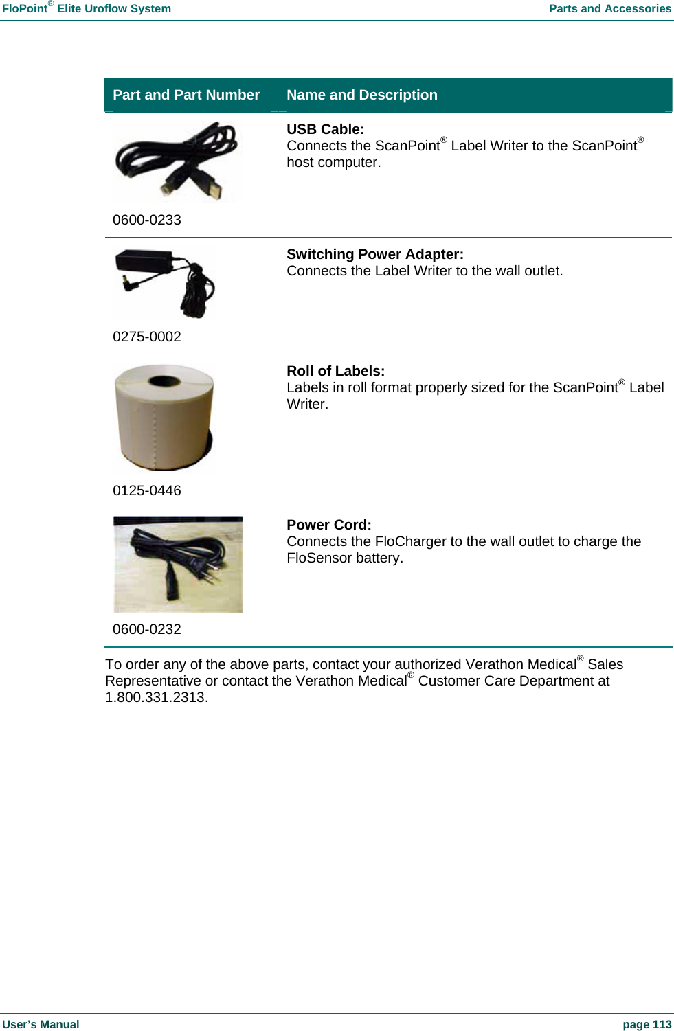 FloPoint&reg; Elite Uroflow System    Parts and Accessories User&rsquo;s Manual    page 113 Part and Part Number  Name and Description  0600-0233 USB Cable: Connects the ScanPoint&reg; Label Writer to the ScanPoint&reg; host computer.  0275-0002 Switching Power Adapter: Connects the Label Writer to the wall outlet.  0125-0446 Roll of Labels: Labels in roll format properly sized for the ScanPoint&reg; Label Writer.  0600-0232 Power Cord: Connects the FloCharger to the wall outlet to charge the FloSensor battery. To order any of the above parts, contact your authorized Verathon Medical&reg; Sales Representative or contact the Verathon Medical&reg; Customer Care Department at 1.800.331.2313.   