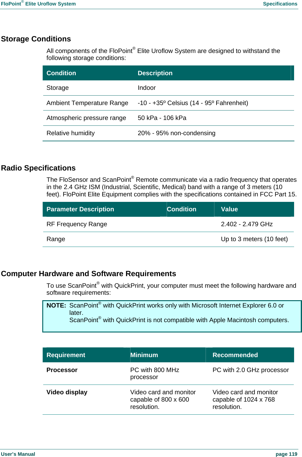FloPoint&reg; Elite Uroflow System    Specifications User&rsquo;s Manual    page 119 Storage Conditions All components of the FloPoint&reg; Elite Uroflow System are designed to withstand the following storage conditions: Condition  Description Storage Indoor Ambient Temperature Range  -10 - +35&ordm; Celsius (14 - 95&ordm; Fahrenheit) Atmospheric pressure range  50 kPa - 106 kPa Relative humidity  20% - 95% non-condensing  Radio Specifications The FloSensor and ScanPoint&reg; Remote communicate via a radio frequency that operates in the 2.4 GHz ISM (Industrial, Scientific, Medical) band with a range of 3 meters (10 feet). FloPoint Elite Equipment complies with the specifications contained in FCC Part 15. Parameter Description  Condition  Value RF Frequency Range    2.402 - 2.479 GHz Range    Up to 3 meters (10 feet)  Computer Hardware and Software Requirements To use ScanPoint&reg; with QuickPrint, your computer must meet the following hardware and software requirements: NOTE: ScanPoint&reg; with QuickPrint works only with Microsoft Internet Explorer 6.0 or later. ScanPoint&reg; with QuickPrint is not compatible with Apple Macintosh computers.   Requirement  Minimum  Recommended Processor  PC with 800 MHz processor  PC with 2.0 GHz processor Video display  Video card and monitor capable of 800 x 600 resolution. Video card and monitor capable of 1024 x 768 resolution. 