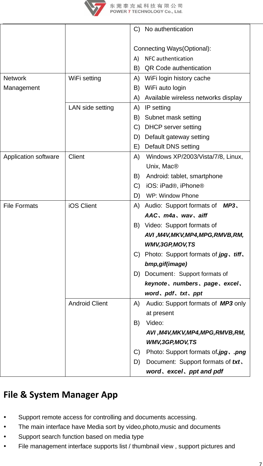 NetwManAppFile File    work nagement lication softwFormats e&amp;SysteSupport reThe main iSupport seFile managWiFi LAN ware ClieniOS CAndremManamote accessnterface havearch functiongement interfsetting side settingnt Client roid Client agerApps for controllive Media sortn based on mface supportC) NConnA) NB) QA) WB) WA) AA) IPB) SC) DD) DE) DA) WUB) AC) iOD) WA) AAB) VAWC) PbD) DkwA) AaB) VAWC) PD) Dwpng and docut by video,phmedia types list / thumbNo authenticaecting WaysNFCauthenticaQR Code authWiFi login hisWiFi auto logiAvailable wireP setting Subnet mask DHCP server Default gatewDefault DNS sWindows XP/Unix, Mac® Android: tableOS: iPad®, iWP: Window Audio: SuppoAAC、m4a、Video: SuppoAVI ,M4V,MKVWMV,3GP,MOPhoto: Suppobmp,gif(imagDocument: Skeynote、numword、pdf、tAudio: Suppoat present Video: AVI ,M4V,MKWMV,3GP,MOPhoto: SuppoDocument: Sword、exceluments acceshoto,music abnail view , sation s(Optional): ationhentication tory cache in eless networksetting setting way setting setting /2003/Vista/7et, smartphoPhone® Phone ort formats ofwav、aiff ort formats ofV,MP4,MPG,ROV,TS ort formats oge) Support formambers、pagetxt、ppt ort formats ofKV,MP4,MPG,OV,TS ort formats oSupport forml、ppt and pssing. nd documenupport picturks display 7/8, Linux, one f  MP3、f RMVB,RM,f jpg、tiff、ats of e、excel、f MP3 only RMVB,RM,f.jpg、.png ats of txt、pdf nts res and 7