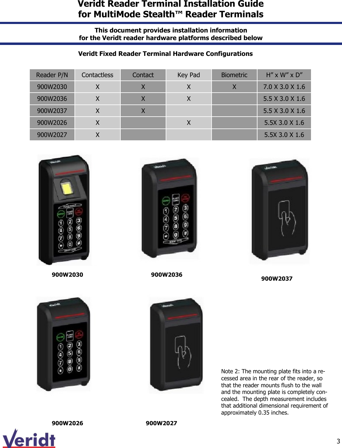  3  Veridt Reader Terminal Installation Guide  for MultiMode Stealth™ Reader Terminals Reader P/N  Contactless  Contact  Key Pad  Biometric  H” x W” x D” 900W2030  X  X  X  X  7.0 X 3.0 X 1.6 900W2036  X  X  X    5.5 X 3.0 X 1.6 900W2037  X  X      5.5 X 3.0 X 1.6 900W2026  X    X    5.5X 3.0 X 1.6 900W2027  X        5.5X 3.0 X 1.6   Veridt Fixed Reader Terminal Hardware Configurations This document provides installation information  for the Veridt reader hardware platforms described below 900W2026 900W2030 900W2027 900W2036  Note 2: The mounting plate fits into a re-cessed area in the rear of the reader, so that the reader mounts flush to the wall and the mounting plate is completely con-cealed.  The depth measurement includes that additional dimensional requirement of approximately 0.35 inches. 900W2037 