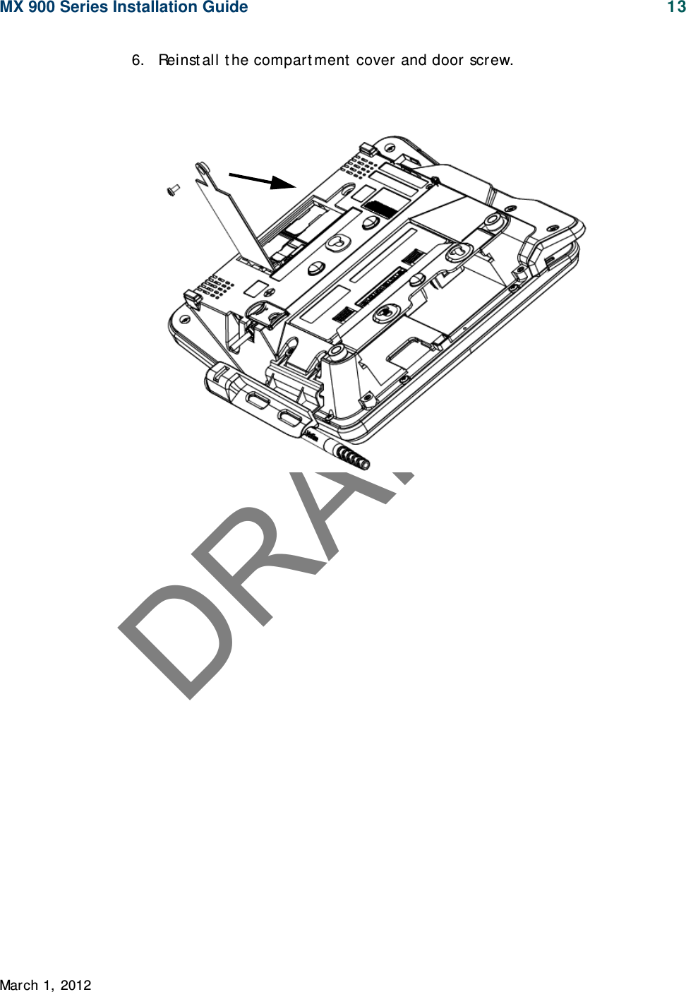 DRAFTMX 900 Series Installation Guide 13 March 1, 20126. Reinst all t he compart ment  cover and door screw.