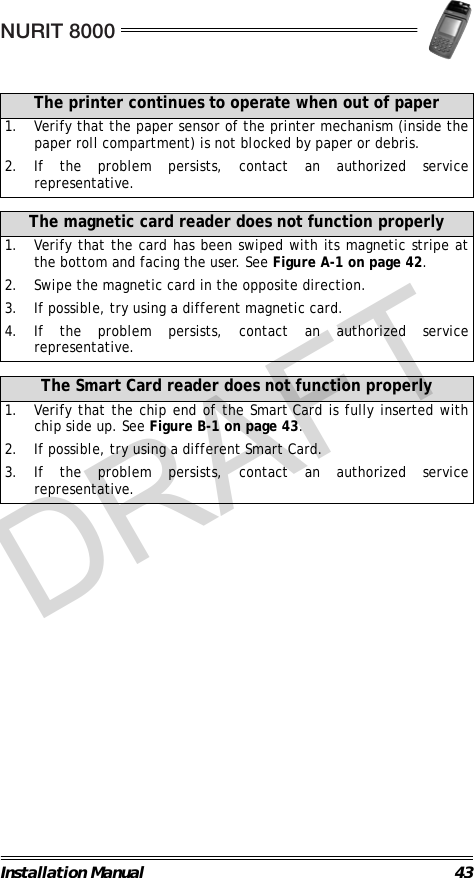 NURIT 8000Installation Manual 43                                                                                                                                                                        The printer continues to operate when out of paper1. Verify that the paper sensor of the printer mechanism (inside thepaper roll compartment) is not blocked by paper or debris.2. If the problem persists, contact an authorized servicerepresentative.The magnetic card reader does not function properly1. Verify that the card has been swiped with its magnetic stripe atthe bottom and facing the user. See Figure A-1 on page 42.2. Swipe the magnetic card in the opposite direction.3. If possible, try using a different magnetic card.4. If the problem persists, contact an authorized servicerepresentative.The Smart Card reader does not function properly1. Verify that the chip end of the Smart Card is fully inserted withchip side up. See Figure B-1 on page 43.2. If possible, try using a different Smart Card.3. If the problem persists, contact an authorized servicerepresentative.DRAFT