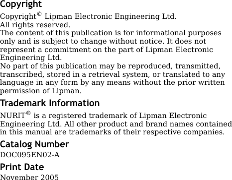 CopyrightCopyright© Lipman Electronic Engineering Ltd.All rights reserved.The content of this publication is for informational purposes only and is subject to change without notice. It does not represent a commitment on the part of Lipman Electronic Engineering Ltd.No part of this publication may be reproduced, transmitted, transcribed, stored in a retrieval system, or translated to any language in any form by any means without the prior written permission of Lipman.Trademark InformationNURIT® is a registered trademark of Lipman Electronic Engineering Ltd. All other product and brand names contained in this manual are trademarks of their respective companies.Catalog NumberDOC095EN02-APrint DateNovember 2005