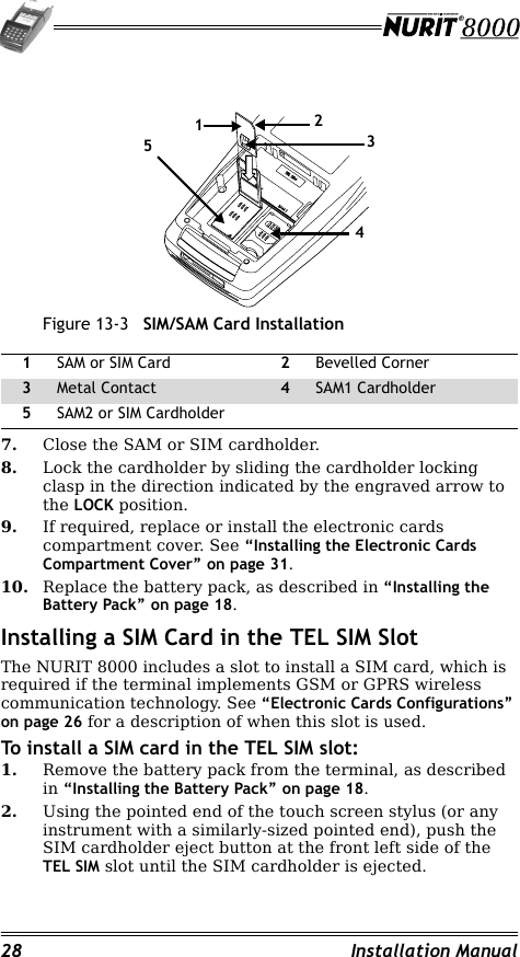 28 Installation ManualFigure 13-3 SIM/SAM Card Installation7. Close the SAM or SIM cardholder.8. Lock the cardholder by sliding the cardholder locking clasp in the direction indicated by the engraved arrow to the LOCK position.9. If required, replace or install the electronic cards compartment cover. See “Installing the Electronic Cards Compartment Cover” on page 31.10. Replace the battery pack, as described in “Installing the Battery Pack” on page 18.Installing a SIM Card in the TEL SIM SlotThe NURIT 8000 includes a slot to install a SIM card, which is required if the terminal implements GSM or GPRS wireless communication technology. See “Electronic Cards Configurations” on page 26 for a description of when this slot is used.To install a SIM card in the TEL SIM slot:1. Remove the battery pack from the terminal, as described in “Installing the Battery Pack” on page 18.2. Using the pointed end of the touch screen stylus (or any instrument with a similarly-sized pointed end), push the SIM cardholder eject button at the front left side of the TEL SIM slot until the SIM cardholder is ejected.1SAM or SIM Card 2Bevelled Corner3Metal Contact 4SAM1 Cardholder5SAM2 or SIM Cardholder51324