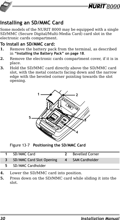 30 Installation ManualInstalling an SD/MMC CardSome models of the NURIT 8000 may be equipped with a single SD/MMC (Secure Digital/Multi-Media Card) card slot in the electronic cards compartment.To install an SD/MMC card:1. Remove the battery pack from the terminal, as described in “Installing the Battery Pack” on page 18.2. Remove the electronic cards compartment cover, if it is in place.3. Hold the SD/MMC card directly above the SD/MMC card slot, with the metal contacts facing down and the narrow edge with the beveled corner pointing towards the slot opening.Figure 13-7 Positioning the SD/MMC Card4. Lower the SD/MMC card into position.5. Press down on the SD/MMC card while sliding it into the slot.1SD/MMC Card 2Bevelled Corner3SD/MMC Card Slot Opening 4SAM Cardholder5SD/MMC Cardholder15234