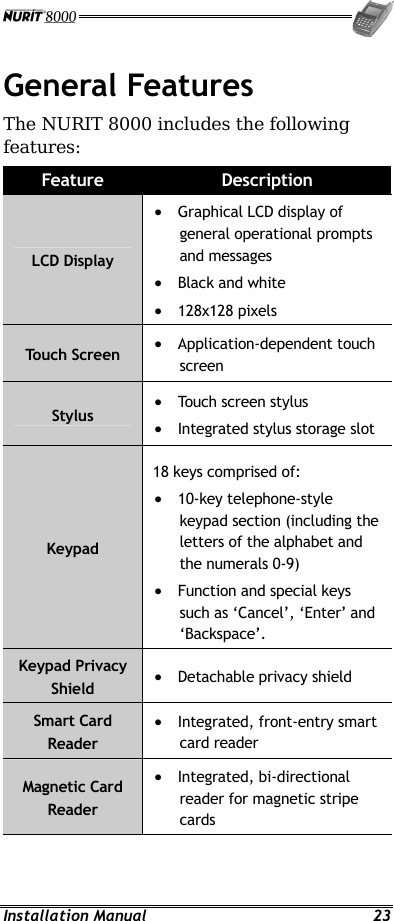  Installation Manual  23 General Features The NURIT 8000 includes the following features: Feature  Description LCD Display •  Graphical LCD display of general operational prompts and messages •  Black and white •  128x128 pixels Touch Screen •  Application-dependent touch screen Stylus •  Touch screen stylus •  Integrated stylus storage slot Keypad 18 keys comprised of: •  10-key telephone-style keypad section (including the letters of the alphabet and the numerals 0-9) •  Function and special keys such as ‘Cancel’, ‘Enter’ and ‘Backspace’. Keypad Privacy Shield •  Detachable privacy shield Smart Card Reader •  Integrated, front-entry smart card reader Magnetic Card Reader •  Integrated, bi-directional reader for magnetic stripe cards 