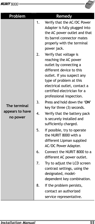  Installation Manual  55 Problem  Remedy The terminal appears to have no power 1.  Verify that the AC/DC Power Adapter is fully plugged into the AC power outlet and that its barrel connector mates properly with the terminal power jack. 2.  Verify that voltage is reaching the AC power outlet by connecting a different device to this outlet. If you suspect any type of problem at this electrical outlet, contact a certified electrician for a professional inspection.  3.  Press and hold down the ‘ON’ key for three (3) seconds. 4.  Verify that the battery pack is securely installed and sufficiently charged. 5.  If possible, try to operate the NURIT 8000 with a different Lipman supplied AC/DC Power Adapter. 6.  Connect the NURIT 8000 to a different AC power outlet. 7.  Try to adjust the LCD screen contrast settings, using the designated, model-dependent key combination. 8.  If the problem persists, contact an authorized service representative. 