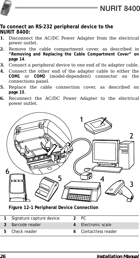 NURIT 840026 Installation ManualTo connect an RS-232 peripheral device to the NURIT 8400:1. Disconnect the AC/DC Power Adapter from the electricalpower outlet.2. Remove the cable compartment cover, as described in“Removing and Replacing the Cable Compartment Cover” onpage 14. 3. Connect a peripheral device to one end of its adapter cable.4. Connect the other end of the adapter cable to either theCOM1 or COM2  (model-dependent) connector on theconnections panel.5. Replace the cable connection cover, as described onpage 15.6. Reconnect the AC/DC Power Adapter to the electricalpower outlet.                                             Figure 12-1 Peripheral Device Connection                                                        1Signature capture device 2PC3Barcode reader 4Electronic scale5Check reader 6Contactless readerPWRCOM1COM2123456