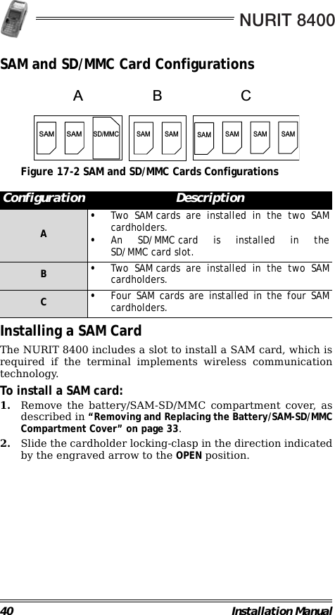 NURIT 840040 Installation ManualSAM and SD/MMC Card Configurations                                             Figure 17-2 SAM and SD/MMC Cards Configurations                                                        Installing a SAM CardThe NURIT 8400 includes a slot to install a SAM card, which isrequired if the terminal implements wireless communicationtechnology.To install a SAM card:1. Remove the battery/SAM-SD/MMC compartment cover, asdescribed in “Removing and Replacing the Battery/SAM-SD/MMCCompartment Cover” on page 33.2. Slide the cardholder locking-clasp in the direction indicatedby the engraved arrow to the OPEN position.                                                                         Configuration DescriptionA•Two SAM cards are installed in the two SAMcardholders.•An SD/MMC card is installed in theSD/MMC card slot.B•Two SAM cards are installed in the two SAMcardholders.C•Four SAM cards are installed in the four SAMcardholders.SAM SAMAB CSAMSAMSD/MMC SAM SAMSAMSAM