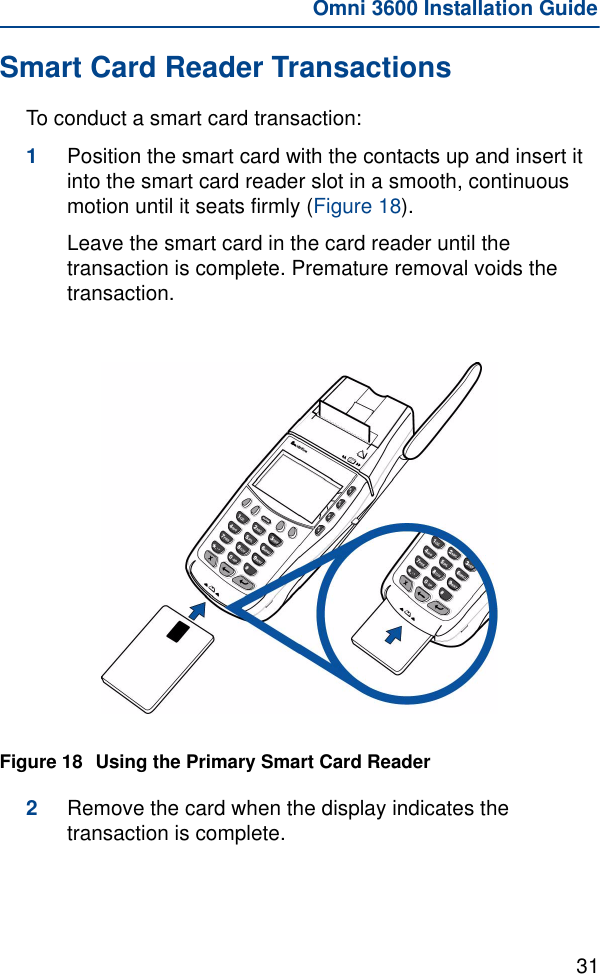 31Omni 3600 Installation GuideSmart Card Reader TransactionsTo conduct a smart card transaction:1Position the smart card with the contacts up and insert it into the smart card reader slot in a smooth, continuous motion until it seats firmly (Figure 18).Leave the smart card in the card reader until the transaction is complete. Premature removal voids the transaction.Figure 18 Using the Primary Smart Card Reader2Remove the card when the display indicates the transaction is complete.