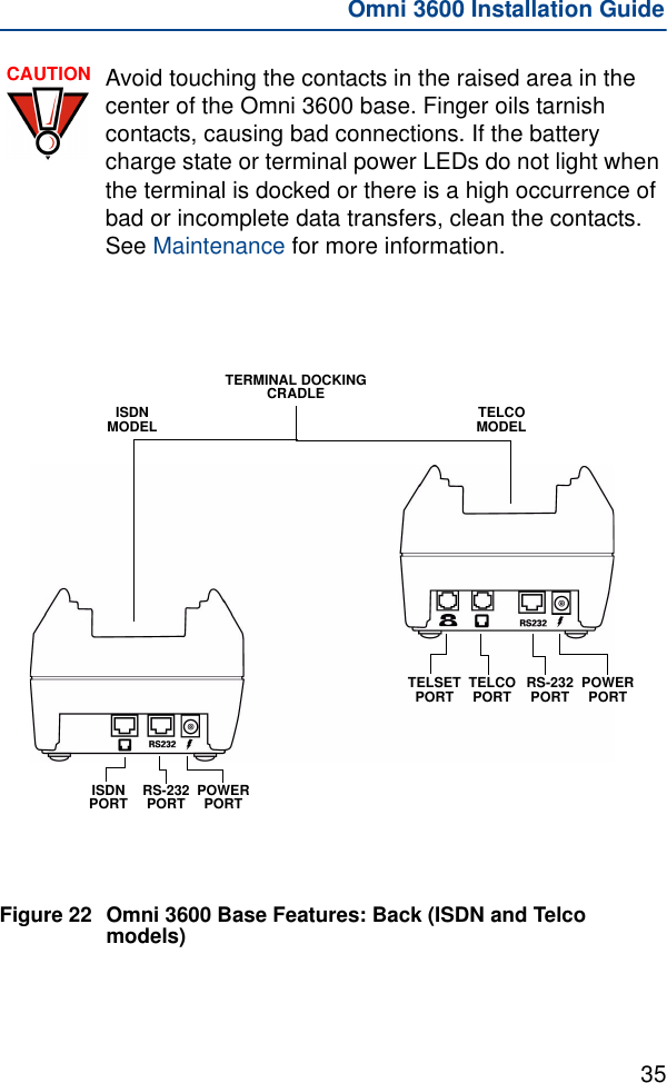 35Omni 3600 Installation GuideFigure 22 Omni 3600 Base Features: Back (ISDN and Telco models)CAUTION Avoid touching the contacts in the raised area in the center of the Omni 3600 base. Finger oils tarnish contacts, causing bad connections. If the battery charge state or terminal power LEDs do not light when the terminal is docked or there is a high occurrence of bad or incomplete data transfers, clean the contacts. See Maintenance for more information.POWER PORTRS-232PORTTELCO PORTTELSET PORTTERMINAL DOCKINGCRADLEPOWER PORTRS-232PORTISDNPORTISDN MODEL TELCO MODEL