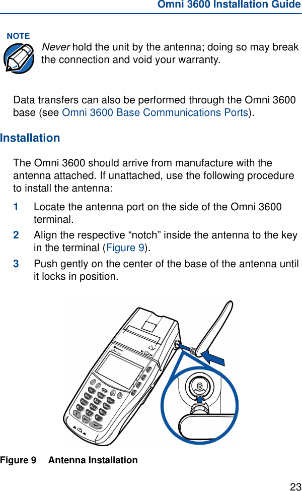 23Omni 3600 Installation GuideData transfers can also be performed through the Omni 3600 base (see Omni 3600 Base Communications Ports).InstallationThe Omni 3600 should arrive from manufacture with the antenna attached. If unattached, use the following procedure to install the antenna:1Locate the antenna port on the side of the Omni 3600 terminal.2Align the respective “notch” inside the antenna to the key in the terminal (Figure 9).3Push gently on the center of the base of the antenna until it locks in position.Figure 9 Antenna InstallationNOTE Never hold the unit by the antenna; doing so may break the connection and void your warranty.