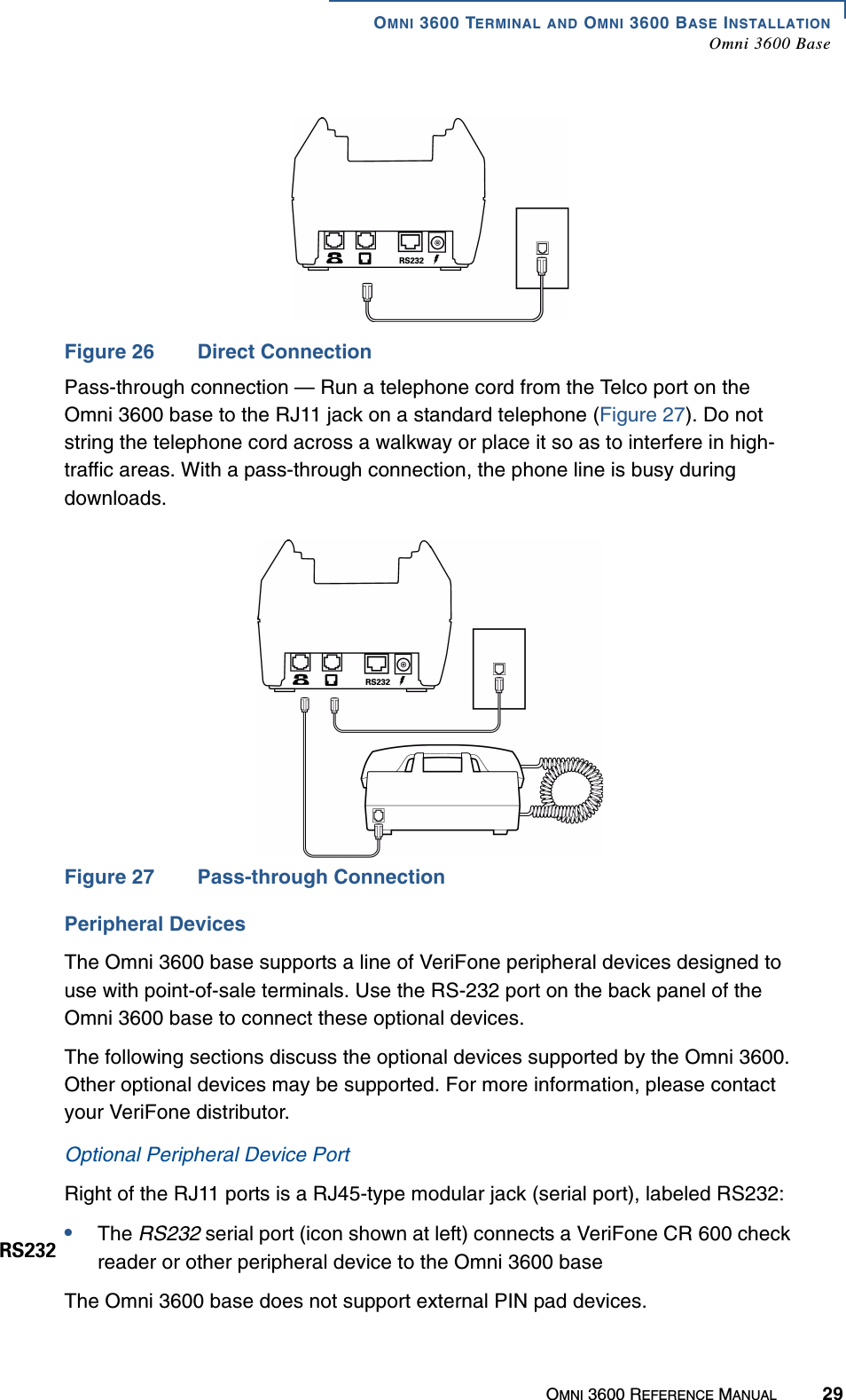 OMNI 3600 TERMINAL AND OMNI 3600 BASE INSTALLATIONOmni 3600 BaseOMNI 3600 REFERENCE MANUAL 29Figure 26 Direct ConnectionPass-through connection — Run a telephone cord from the Telco port on the Omni 3600 base to the RJ11 jack on a standard telephone (Figure 27). Do not string the telephone cord across a walkway or place it so as to interfere in high-traffic areas. With a pass-through connection, the phone line is busy during downloads.Figure 27 Pass-through ConnectionPeripheral DevicesThe Omni 3600 base supports a line of VeriFone peripheral devices designed to use with point-of-sale terminals. Use the RS-232 port on the back panel of the Omni 3600 base to connect these optional devices.The following sections discuss the optional devices supported by the Omni 3600. Other optional devices may be supported. For more information, please contact your VeriFone distributor.Optional Peripheral Device PortRight of the RJ11 ports is a RJ45-type modular jack (serial port), labeled RS232: •The RS232 serial port (icon shown at left) connects a VeriFone CR 600 check reader or other peripheral device to the Omni 3600 baseThe Omni 3600 base does not support external PIN pad devices.