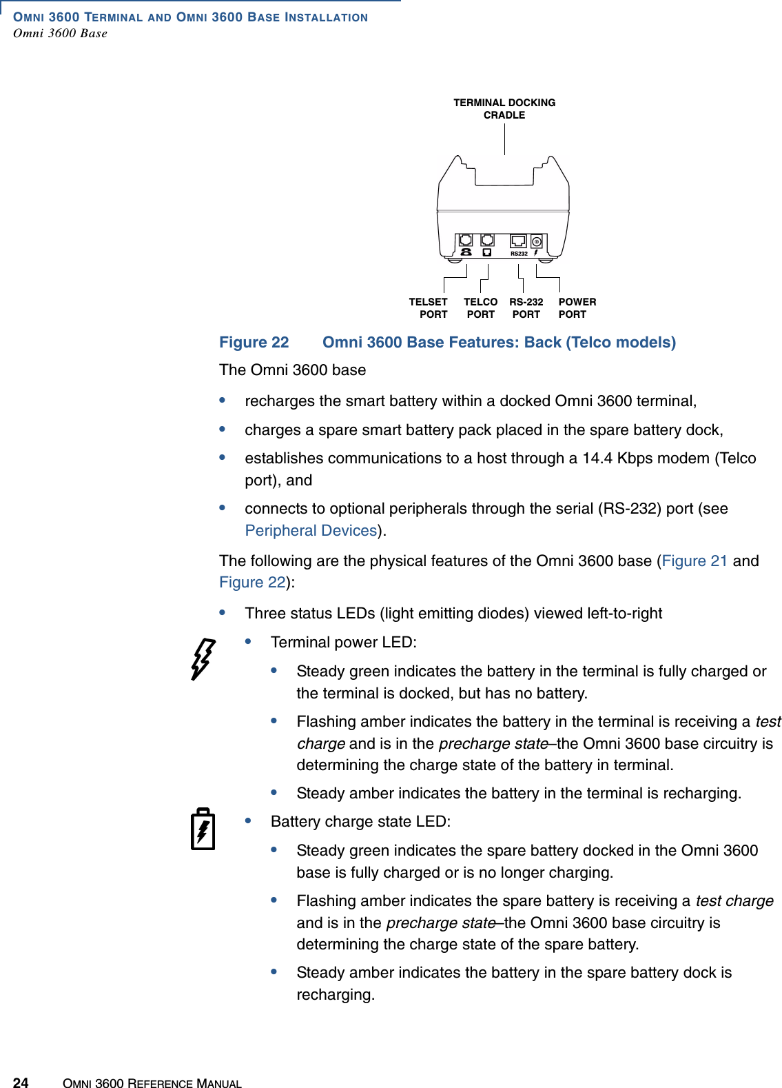 OMNI 3600 TERMINAL AND OMNI 3600 BASE INSTALLATIONOmni 3600 Base24 OMNI 3600 REFERENCE MANUALFigure 22 Omni 3600 Base Features: Back (Telco models)The Omni 3600 base•recharges the smart battery within a docked Omni 3600 terminal, •charges a spare smart battery pack placed in the spare battery dock,•establishes communications to a host through a 14.4 Kbps modem (Telco port), and•connects to optional peripherals through the serial (RS-232) port (see Peripheral Devices).The following are the physical features of the Omni 3600 base (Figure 21 and Figure 22):•Three status LEDs (light emitting diodes) viewed left-to-right•Terminal power LED:•Steady green indicates the battery in the terminal is fully charged or the terminal is docked, but has no battery.•Flashing amber indicates the battery in the terminal is receiving a test charge and is in the precharge state–the Omni 3600 base circuitry is determining the charge state of the battery in terminal.•Steady amber indicates the battery in the terminal is recharging.•Battery charge state LED: •Steady green indicates the spare battery docked in the Omni 3600 base is fully charged or is no longer charging.•Flashing amber indicates the spare battery is receiving a test charge and is in the precharge state–the Omni 3600 base circuitry is determining the charge state of the spare battery.•Steady amber indicates the battery in the spare battery dock is recharging.POWERPORTRS-232PORTTELCO PORTTELSETPORTTERMINAL DOCKINGCRADLE