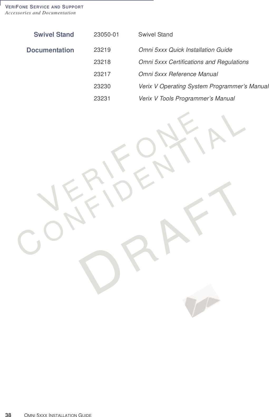 VERIFONE SERVICE AND SUPPORTAccessories and Documentation38 OMNI 5XXX INSTALLATION GUIDEVERIFONECONFIDENTIALRAFT Swivel Stand 23050-01 Swivel StandDocumentation 23219 Omni 5xxx Quick Installation Guide23218 Omni 5xxx Certifications and Regulations23217 Omni 5xxx Reference Manual23230 Verix V Operating System Programmer’s Manual23231 Verix V Tools Programmer’s Manual