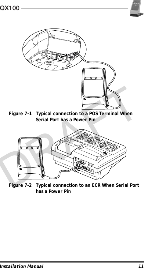 QX100Installation Manual 11                                             Figure 7-1 Typical connection to a POS Terminal When Serial Port has a Power Pin                                             Figure 7-2 Typical connection to an ECR When Serial Port has a Power Pin                                                                         DRAWERETHERNET DISPLAY EXT.KB BARCODELINEPHONEPC PORTPINPADPOWERCOM1 COM2RS-232DRAFT