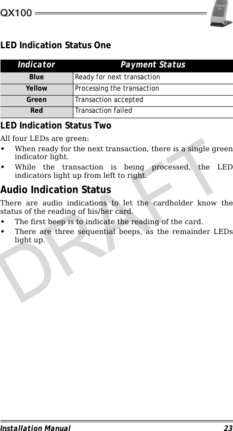 QX100Installation Manual 23LED Indication Status One                                                        LED Indication Status TwoAll four LEDs are green:•When ready for the next transaction, there is a single greenindicator light.•While the transaction is being processed, the LEDindicators light up from left to right.Audio Indication StatusThere are audio indications to let the cardholder know thestatus of the reading of his/her card.•The first beep is to indicate the reading of the card.•There are three sequential beeps, as the remainder LEDslight up.Indicator Payment StatusBlue Ready for next transactionYellow Processing the transactionGreen Transaction acceptedRed Transaction failedDRAFT