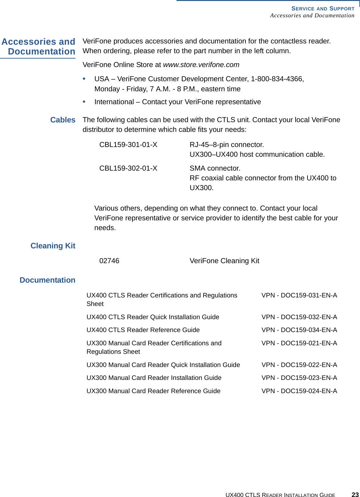 SERVICE AND SUPPORTAccessories and DocumentationUX400 CTLS READER INSTALLATION GUIDE 23Accessories andDocumentationVeriFone produces accessories and documentation for the contactless reader. When ordering, please refer to the part number in the left column.VeriFone Online Store at www.store.verifone.com•USA – VeriFone Customer Development Center, 1-800-834-4366, Monday - Friday, 7 A.M. - 8 P.M., eastern time•International – Contact your VeriFone representativeCablesThe following cables can be used with the CTLS unit. Contact your local VeriFone distributor to determine which cable fits your needs:Various others, depending on what they connect to. Contact your local VeriFone representative or service provider to identify the best cable for your needs.Cleaning KitDocumentationCBL159-301-01-X RJ-45–8-pin connector.UX300–UX400 host communication cable.CBL159-302-01-X SMA connector.RF coaxial cable connector from the UX400 to UX300.02746 VeriFone Cleaning KitUX400 CTLS Reader Certifications and Regulations SheetVPN - DOC159-031-EN-AUX400 CTLS Reader Quick Installation Guide VPN - DOC159-032-EN-AUX400 CTLS Reader Reference Guide VPN - DOC159-034-EN-AUX300 Manual Card Reader Certifications and Regulations SheetVPN - DOC159-021-EN-AUX300 Manual Card Reader Quick Installation Guide VPN - DOC159-022-EN-AUX300 Manual Card Reader Installation Guide VPN - DOC159-023-EN-AUX300 Manual Card Reader Reference Guide VPN - DOC159-024-EN-A