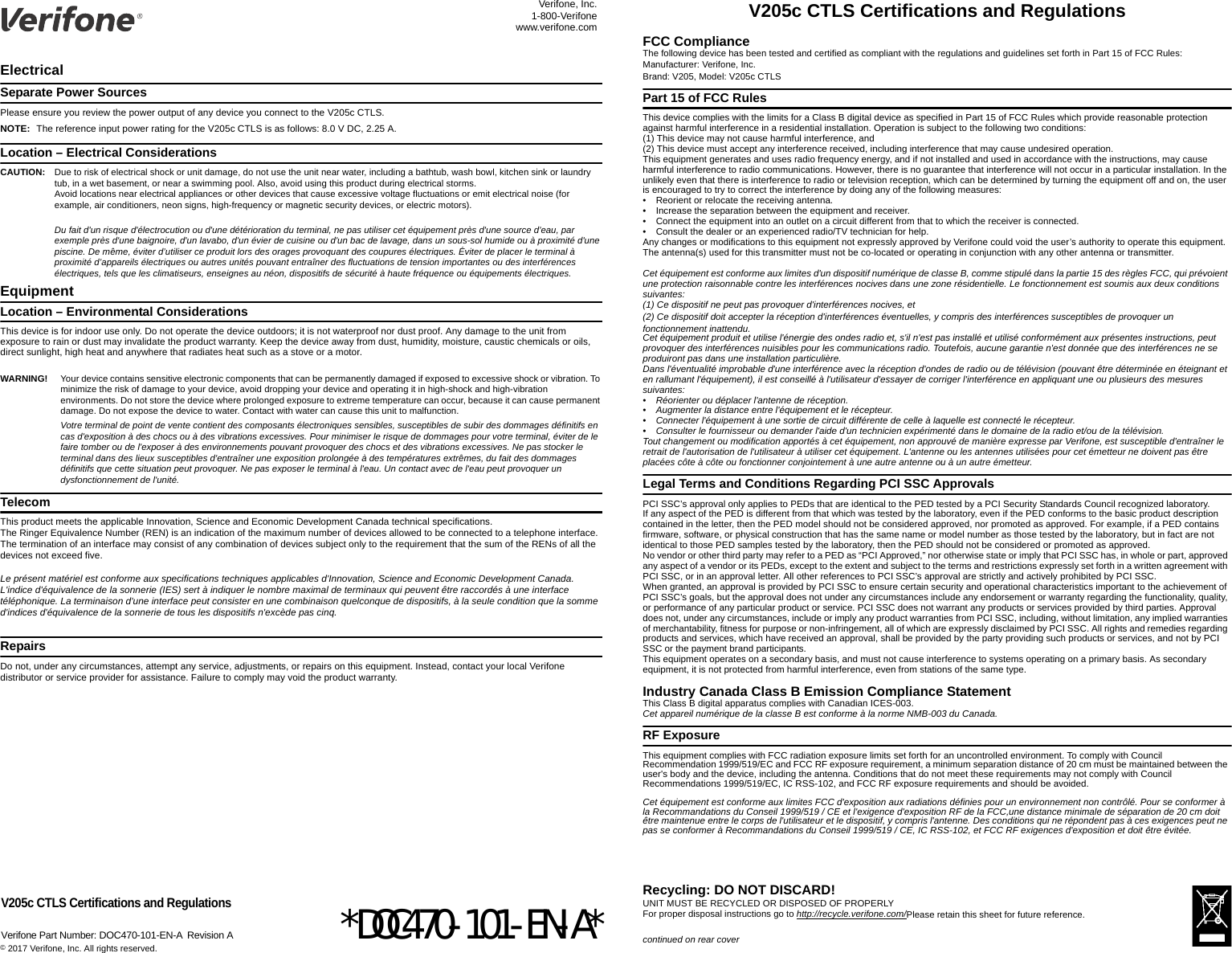 Verifone V205CCTLS Mobile Point of Sale Terminal User Manual V205c ...