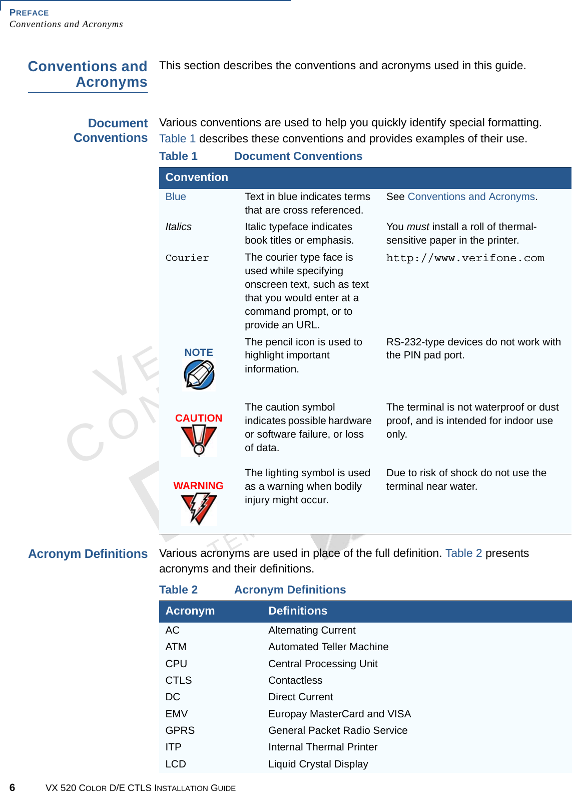 PREFACE Conventions and Acronyms6VX 520 COLOR D/E CTLS INSTALLATION GUIDEVERIFONECONFIDENTIALTEMPLATE REV F Conventions and AcronymsThis section describes the conventions and acronyms used in this guide.Document ConventionsVarious conventions are used to help you quickly identify special formatting.  Table 1 describes these conventions and provides examples of their use. Acronym DefinitionsVarious acronyms are used in place of the full definition. Table 2 presents acronyms and their definitions. Table 1 Document ConventionsConventionBlue Text in blue indicates terms that are cross referenced.See Conventions and Acronyms.Italics Italic typeface indicates book titles or emphasis. You must install a roll of thermal-sensitive paper in the printer.Courier The courier type face is used while specifying onscreen text, such as text that you would enter at a command prompt, or to provide an URL.http://www.verifone.comThe pencil icon is used to highlight important information.RS-232-type devices do not work with the PIN pad port.The caution symbol indicates possible hardware or software failure, or loss of data.The terminal is not waterproof or dust proof, and is intended for indoor use only.The lighting symbol is used as a warning when bodily injury might occur.Due to risk of shock do not use the terminal near water.NOTECAUTIONWARNINGTable 2 Acronym Definitions Acronym DefinitionsAC Alternating CurrentATM Automated Teller MachineCPU Central Processing UnitCTLS ContactlessDC Direct CurrentEMV Europay MasterCard and VISAGPRS General Packet Radio ServiceITP Internal Thermal PrinterLCD Liquid Crystal Display