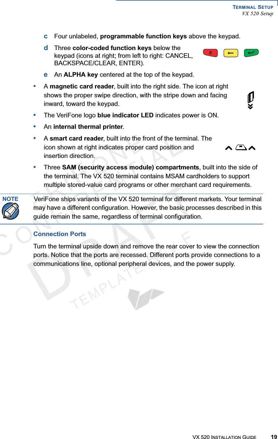 TERMINAL SETUPVX 520 SetupVX 520 INSTALLATION GUIDE 19VERIFONECONFIDENTIALTEMPLATEREVFcFour unlabeled, programmable function keys above the keypad.dThree color-coded function keys below the keypad (icons at right; from left to right: CANCEL, BACKSPACE/CLEAR, ENTER). eAn ALPHA key centered at the top of the keypad.•Amagnetic card reader, built into the right side. The icon at right shows the proper swipe direction, with the stripe down and facing inward, toward the keypad.•The VeriFone logo blue indicator LED indicates power is ON.•An internal thermal printer.•Asmart card reader, built into the front of the terminal. The icon shown at right indicates proper card position and insertion direction.•Three SAM (security access module) compartments, built into the side of the terminal. The VX 520 terminal contains MSAM cardholders to support multiple stored-value card programs or other merchant card requirements. Connection PortsTurn the terminal upside down and remove the rear cover to view the connection ports. Notice that the ports are recessed. Different ports provide connections to a communications line, optional peripheral devices, and the power supply.NOTEVeriFone ships variants of the VX 520 terminal for different markets. Your terminal may have a different configuration. However, the basic processes described in this guide remain the same, regardless of terminal configuration.