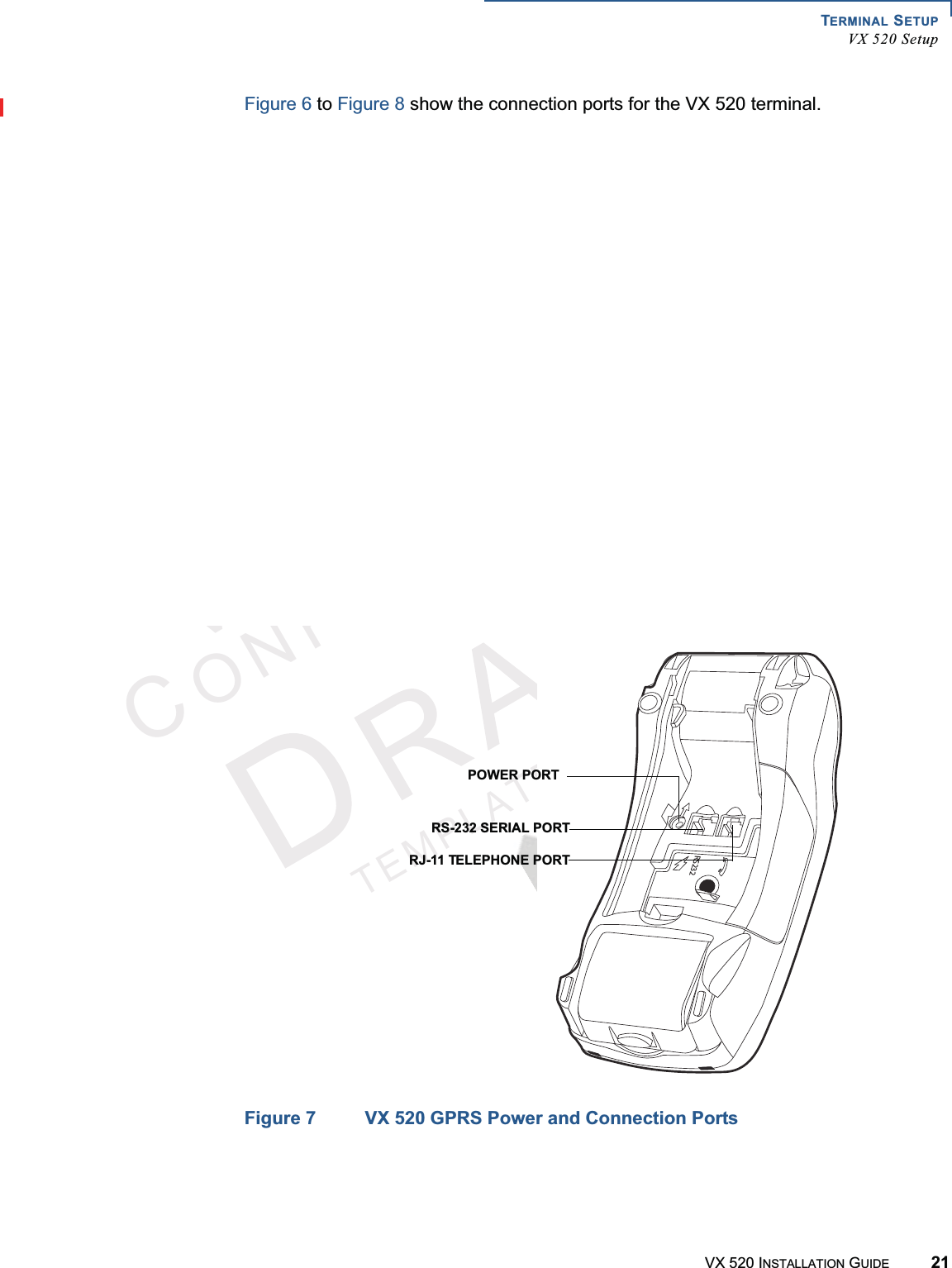 TERMINAL SETUPVX 520 SetupVX 520 INSTALLATION GUIDE 21VERIFONECONFIDENTIALTEMPLATEREVFFigure 6 to Figure 8 show the connection ports for the VX 520 terminal.Figure 6 VX 520 D/E Power and Connection PortsFigure 7 VX 520 GPRS Power and Connection PortsPOWER PORTRS-232 SERIAL PORTRJ-11 TELEPHONE PORT23POWER PORTRS-232 SERIAL PORTRJ-11 TELEPHONE PORT