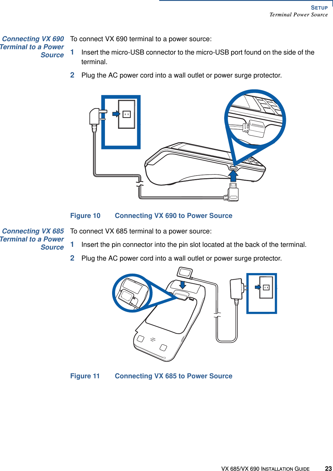 SETUPTerminal Power SourceVX 685/VX 690 INSTALLATION GUIDE 23Connecting VX 690Terminal to a PowerSourceTo connect VX 690 terminal to a power source:1Insert the micro-USB connector to the micro-USB port found on the side of the terminal.2Plug the AC power cord into a wall outlet or power surge protector.Figure 10 Connecting VX 690 to Power Source Connecting VX 685Terminal to a PowerSourceTo connect VX 685 terminal to a power source:1Insert the pin connector into the pin slot located at the back of the terminal.2Plug the AC power cord into a wall outlet or power surge protector.Figure 11 Connecting VX 685 to Power Source