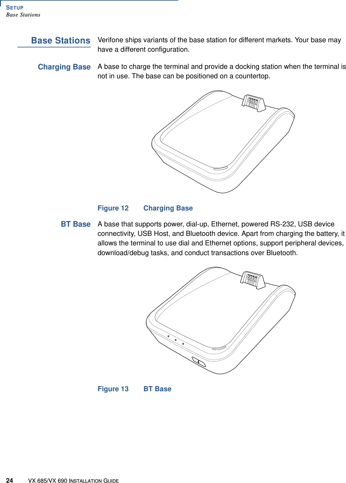 SETUPBase Stations24 VX 685/VX 690 INSTALLATION GUIDEBase StationsVerifone ships variants of the base station for different markets. Your base may have a different configuration.Charging BaseA base to charge the terminal and provide a docking station when the terminal is not in use. The base can be positioned on a countertop.Figure 12 Charging BaseBT BaseA base that supports power, dial-up, Ethernet, powered RS-232, USB device connectivity, USB Host, and Bluetooth device. Apart from charging the battery, it allows the terminal to use dial and Ethernet options, support peripheral devices, download/debug tasks, and conduct transactions over Bluetooth.Figure 13 BT Base