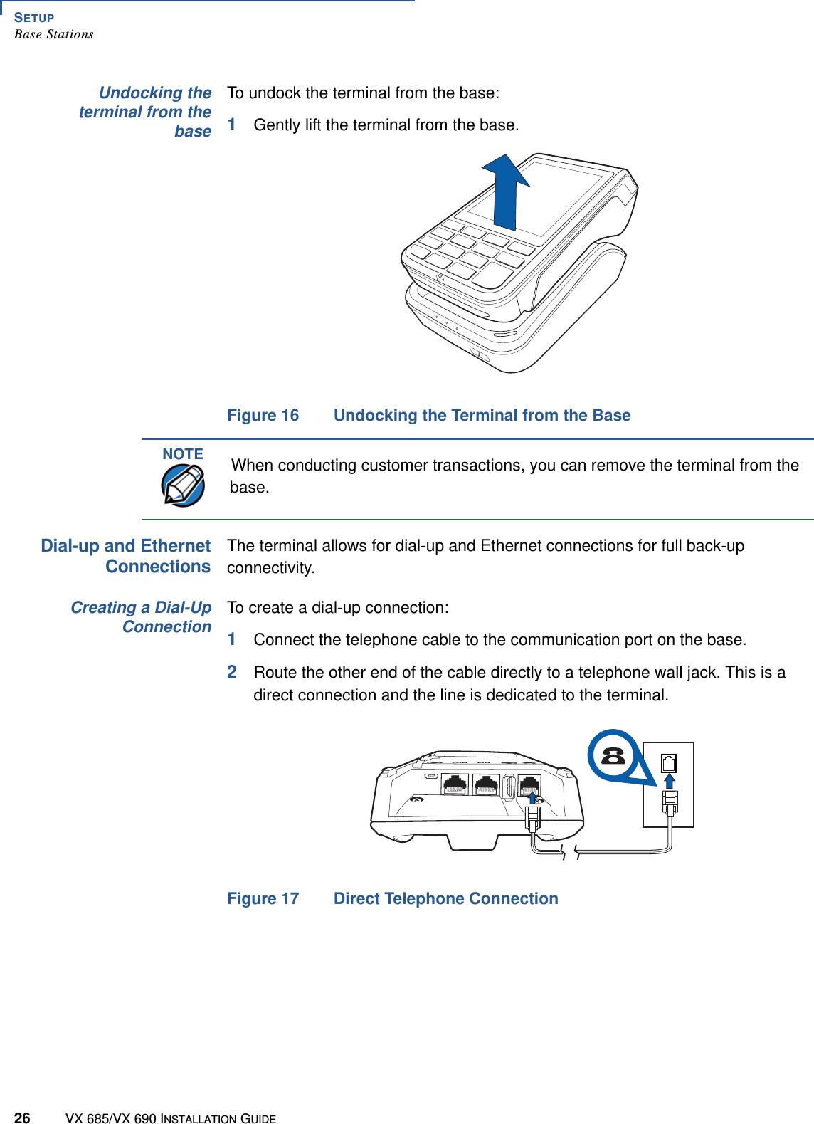 SETUPBase Stations26 VX 685/VX 690 INSTALLATION GUIDEUndocking theterminal from thebaseTo undock the terminal from the base:1Gently lift the terminal from the base.Figure 16 Undocking the Terminal from the BaseDial-up and EthernetConnectionsThe terminal allows for dial-up and Ethernet connections for full back-up connectivity. Creating a Dial-UpConnectionTo create a dial-up connection:1Connect the telephone cable to the communication port on the base. 2Route the other end of the cable directly to a telephone wall jack. This is a direct connection and the line is dedicated to the terminal.Figure 17 Direct Telephone ConnectionNOTEWhen conducting customer transactions, you can remove the terminal from the base.COM ETH