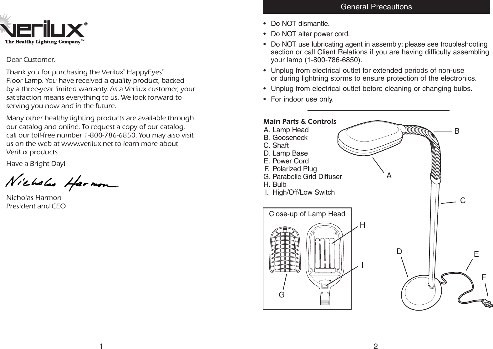 Page 2 of 6 - Verilux Floor Lamp HEF1 Instruction Manual New User  To The 712b1bb2-173e-4bf4-890e-3357f20e3424