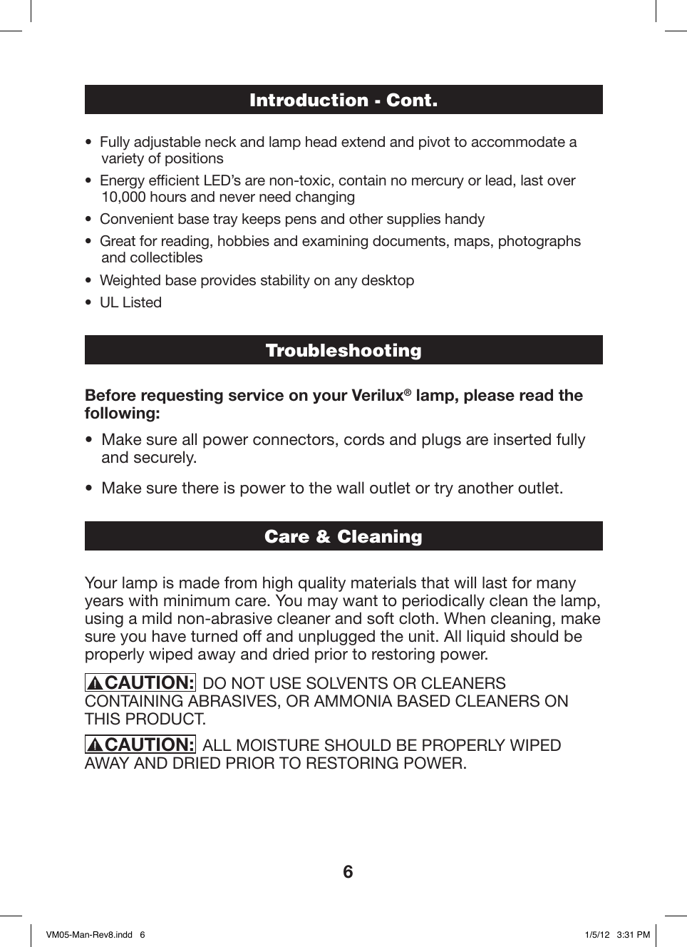 Page 6 of 8 - Verilux Verilux-Indoor-Furnishings-Vm05-Users-Manual-  Verilux-indoor-furnishings-vm05-users-manual