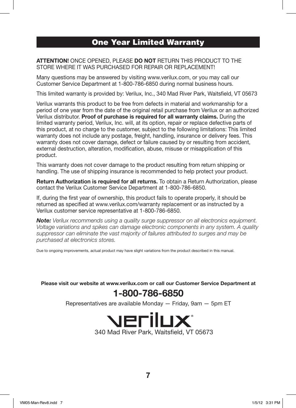 Page 7 of 8 - Verilux Verilux-Indoor-Furnishings-Vm05-Users-Manual-  Verilux-indoor-furnishings-vm05-users-manual