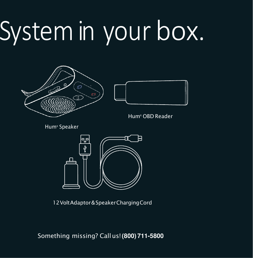 System in your box.          HumX Speaker HumX  OBD Reader    12 Volt Adaptor &amp; Speaker Charging Cord    Something missing?  Call us! (800) 711-5800 