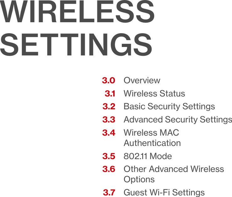 verizon.com/ﬁos      |      ©2016 Verizon. All Rights Reserved.OverviewWireless StatusBasic Security SettingsAdvanced Security SettingsWireless MAC Authentication802.11 ModeOther Advanced Wireless OptionsGuest Wi-Fi Settings3.03.13.23.33.4 3.53.6 3.7WIRELESSSETTINGS03/